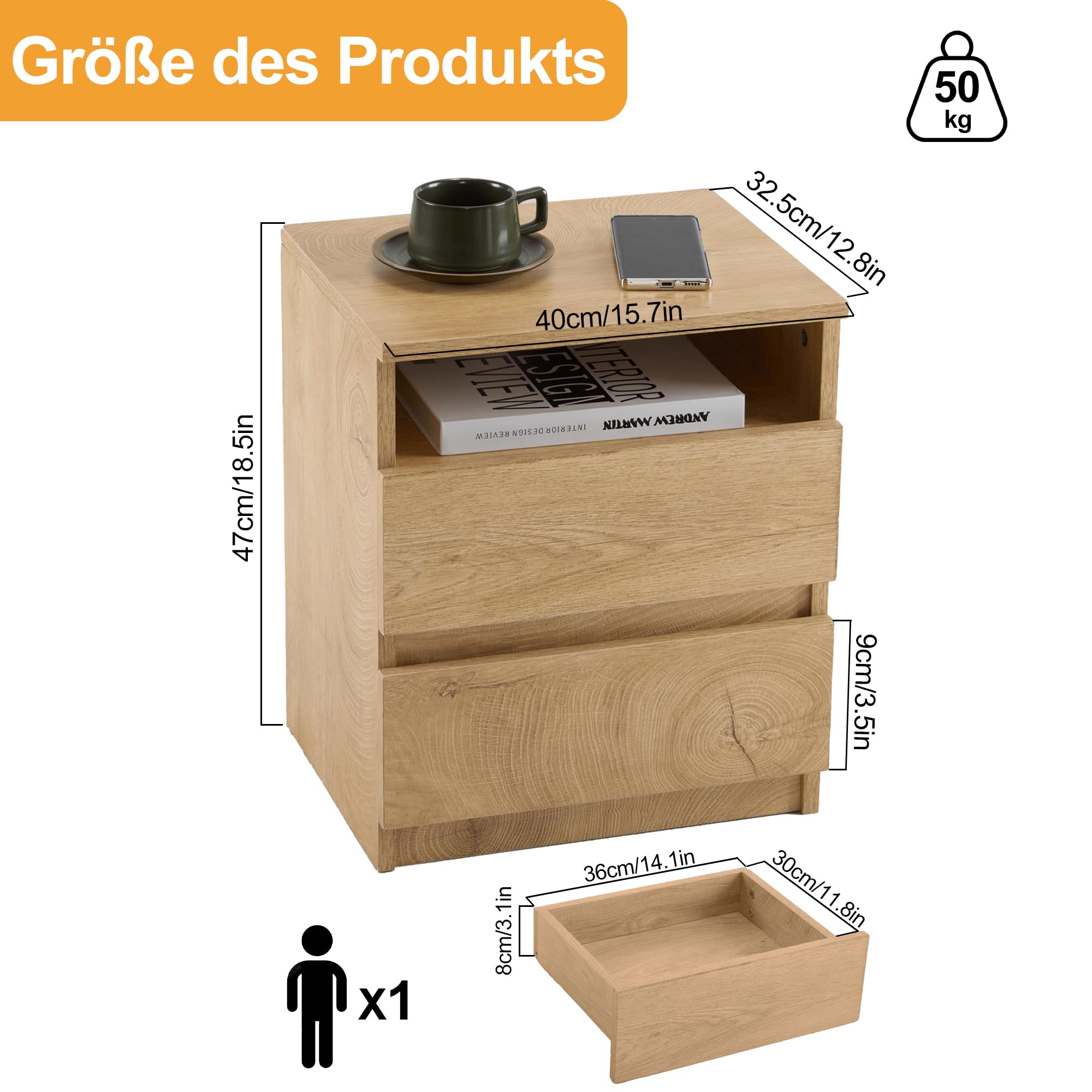 Mingone 2er-Set Nachttische mit 2 Schubladen,Nachtschrank aus Holz,Beistelltisch mit Stauraum Holzfarben für Wohnzimmer, Schlafzimmer