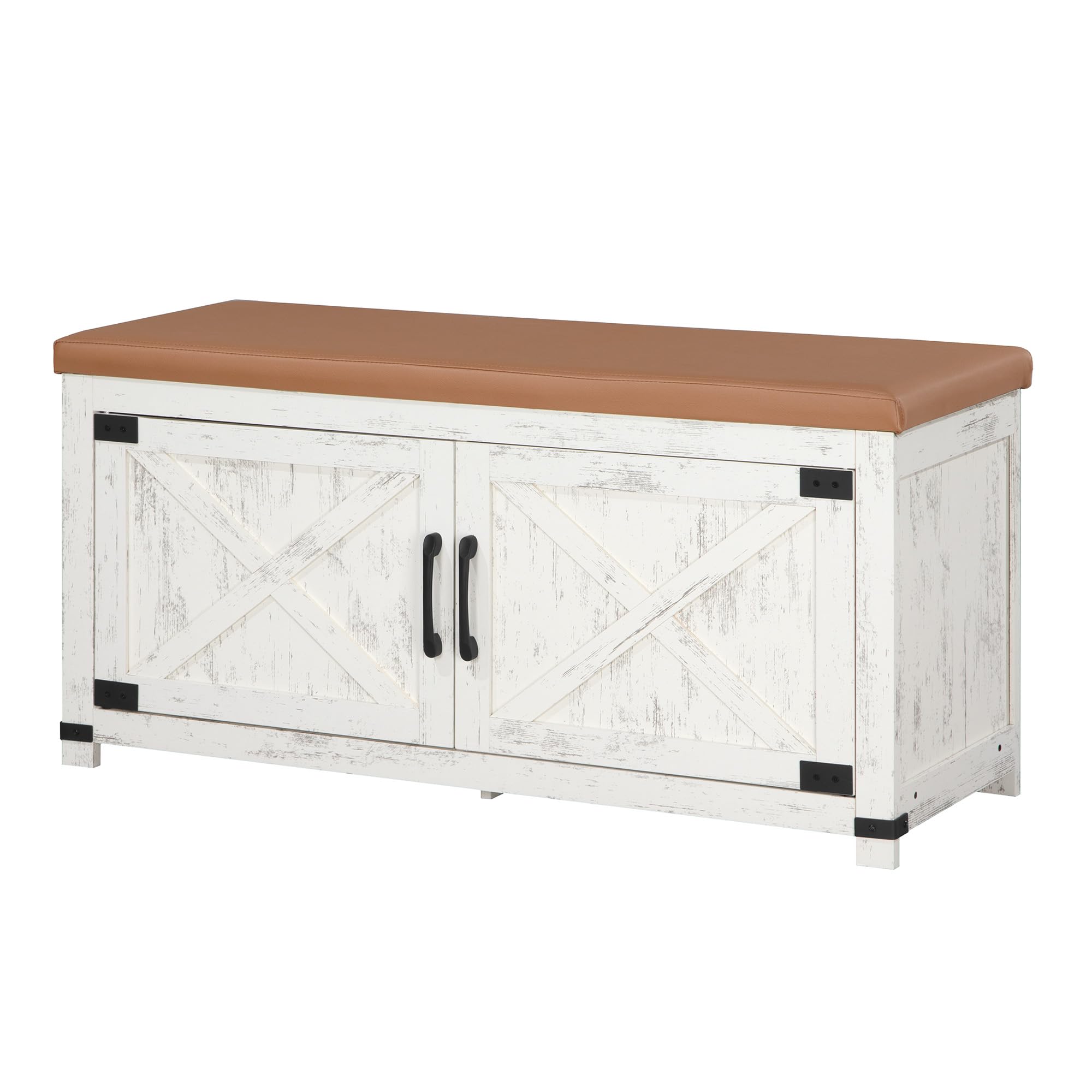Hzuaneri Banco Zapatero con cojín, Mueble Zapatero Entrada con Puertas, 8 Pares de Zapatos, 35 x 100 x 49 cm, Entrada, Dormitorio, Sala de Estar, Blanco y marrón SB26614KA