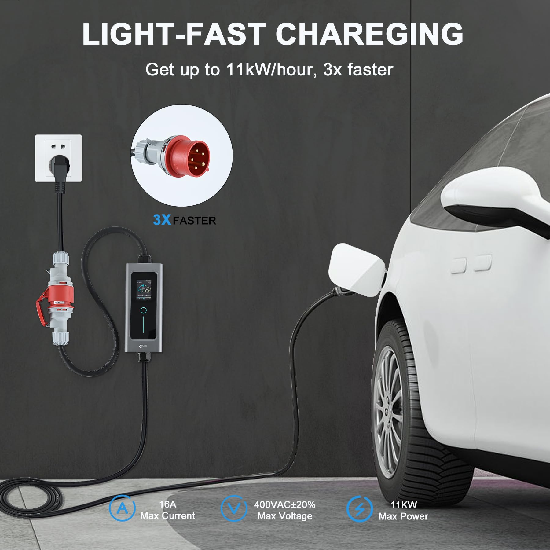 Ev Cavo di Ricarica Tipo 2 11kW, 6A-16A Commutabile Trifase di Cavo per Ricarica Auto Elettrica con Display Digitale per Adatto a Tutti i Veicoli Elettrici e Ibridi Secondo la Norma IEC 62196-2