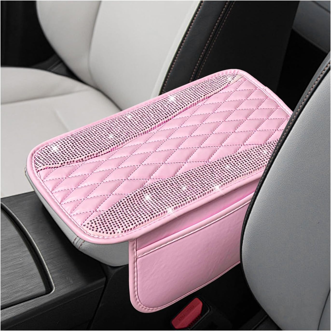 Bling Car Center Console Cover, Sparkling Leather Armrest Cushion Pad with 2 Storage Pockets, Comfortable Shiny Middle Console Cover for Most Vehicles, Car Accessories (Pink)