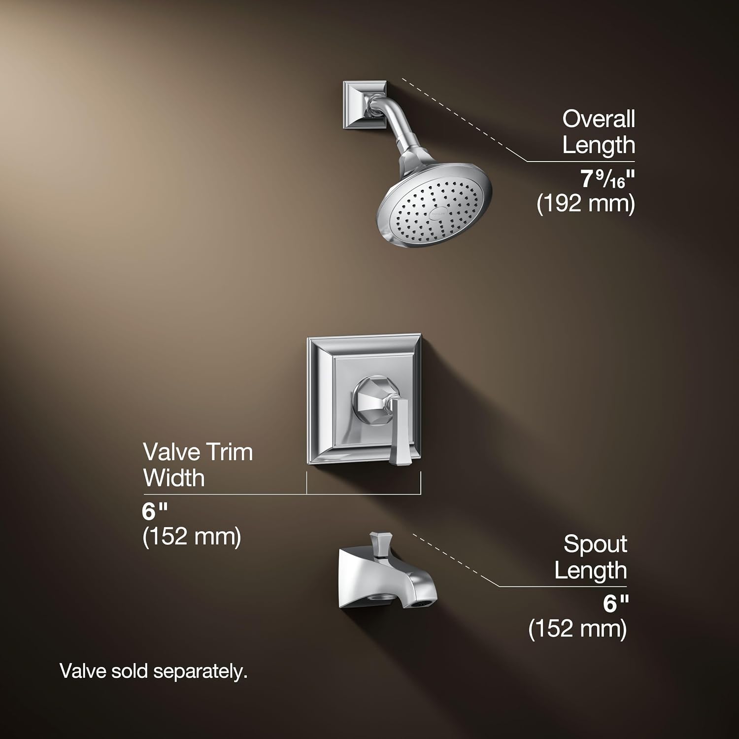 Kohler TS461-4V-CP Memoirs Series Deco Lever Handle, Spout, 2.5 GPM Showerhead Stately Rite-Temp Bath and Shower Valve Trim, Polished Chrome image 3