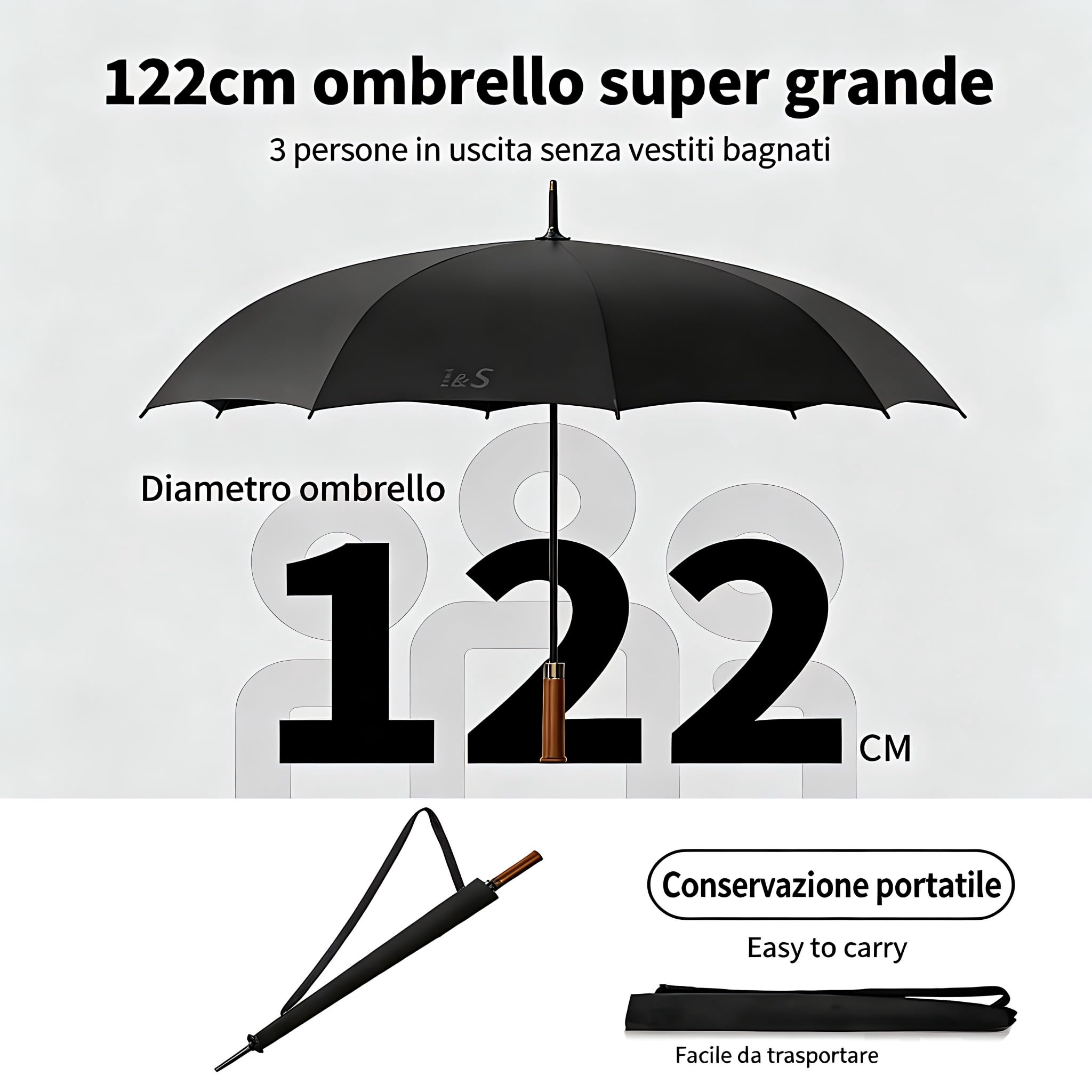 1&S Ombrello generico con manico lungo [prodotto 2026] apertura e chiusura utomatica, spazio per 3 persone, manico in legno di fascia alta, uomo donna business general gentleman's ombrello
