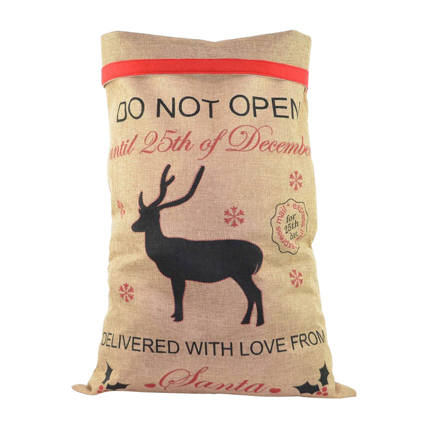 Trimming Shop 70 x 50cm Traditional Vintage Hessian Santa Sack Stocking Airmail Christmas Accessories Brown Xmas Gifts Bag | Do Not Open Until 25th December Reindeer Father Santa Bag, Beige