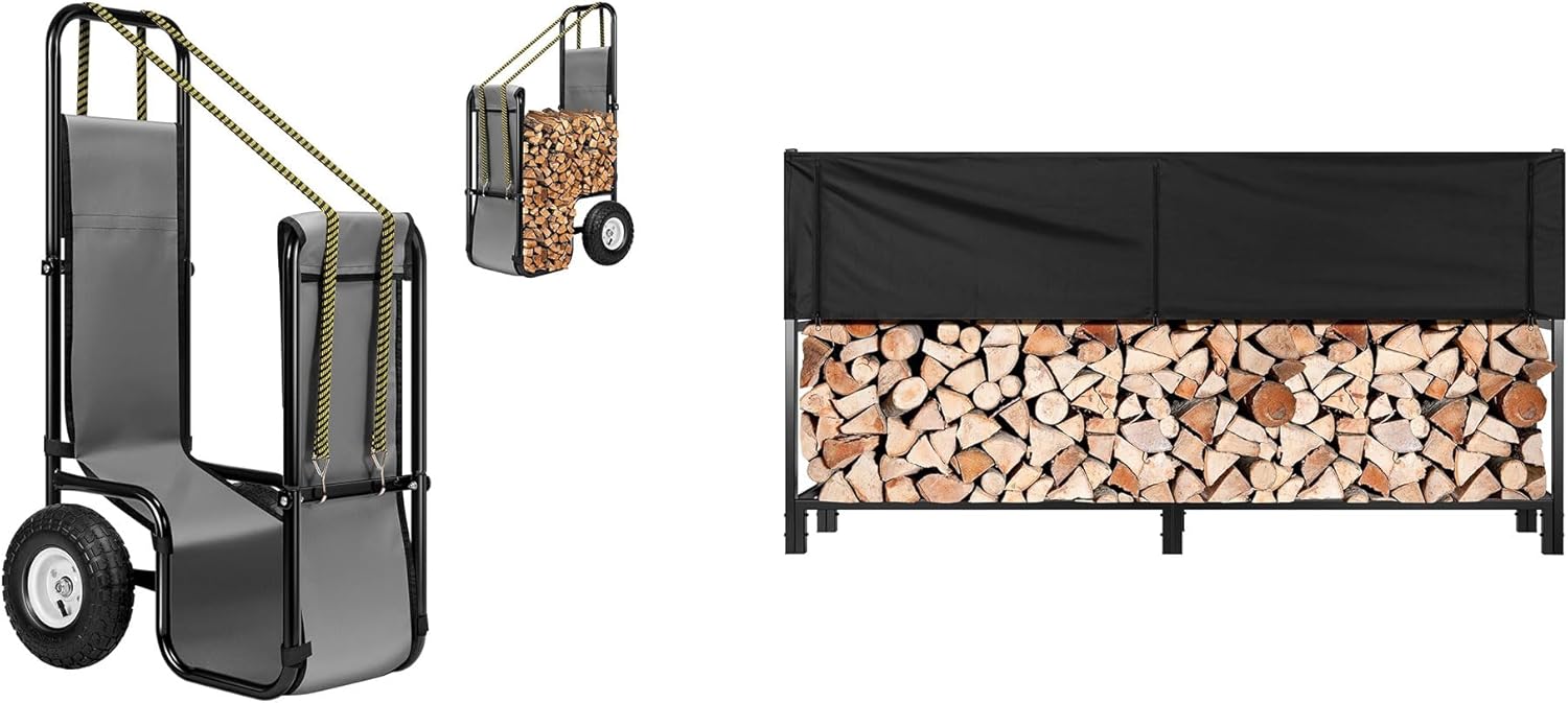 VIVOHOME Firewood Log Cart Carrier with Rubber Wheels with Heavy Duty 8 ft 1/2 Cord Firewood Rack Outdoor with Cover Combo Set