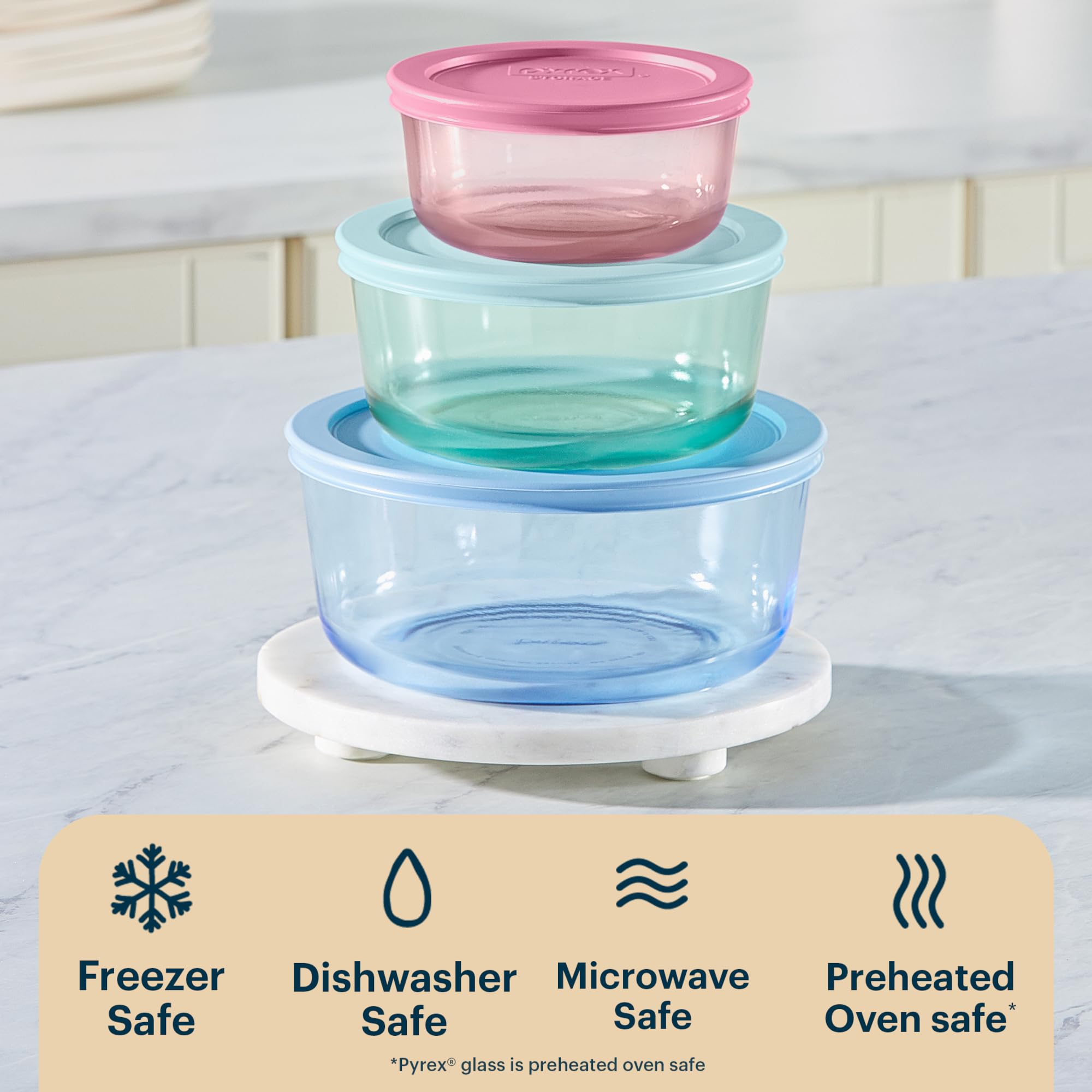 Pyrex Colors - Juego de 3 recipientes redondos de vidrio tintado para almacenamiento de alimentos, tapas de plástico no tóxico sin BPA, apto para congelador, lavavajillas, microondas, 2 tazas, 4 tazas