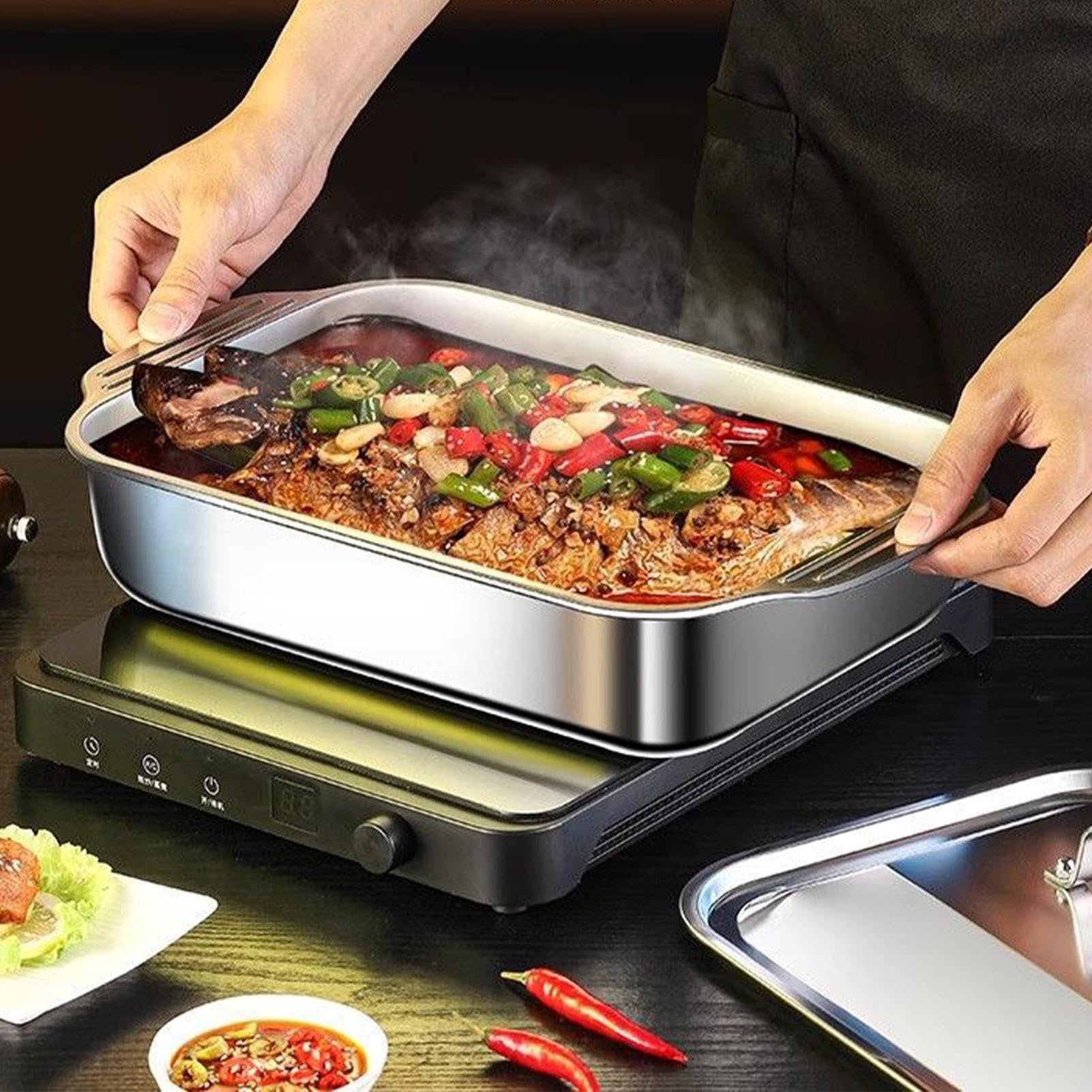 Horno de acero inoxidable, bandeja de horno que incluye tapa y mango, utensilios para hornear a prueba de fugas, para pasteles, pan, galletas, pizza, cocina, casa, fiesta, cocina