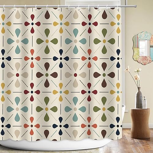 Cortinas de ducha de mediados de siglo para baño, juego de decoración de baño geométrico vintage con ganchos, decoración retro lavable de cocina,