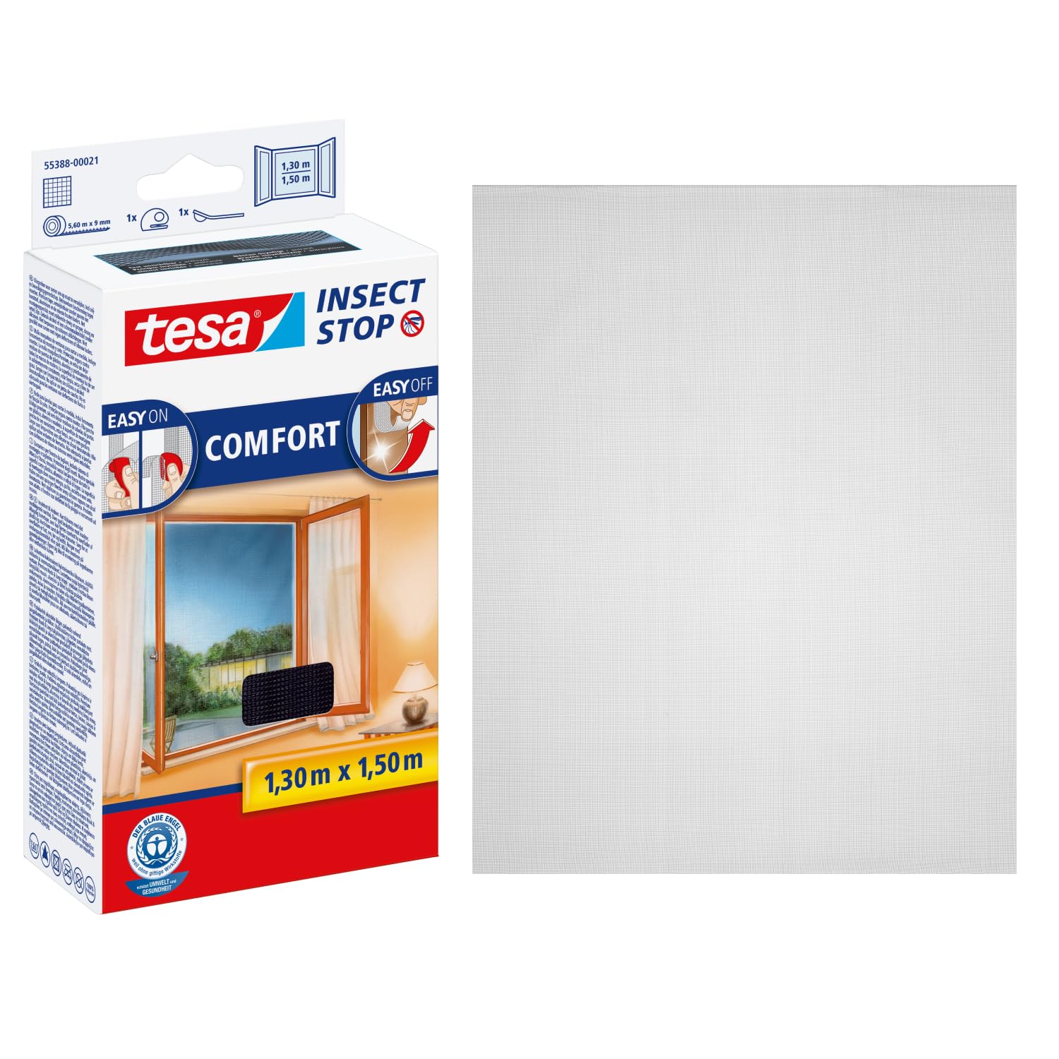 tesa Insect Stop COMFORT for Windows - Window Screen with Self-Adhesive Hook & Loop - Insect Mesh - in Anthracite, 130 cm x 150 cm