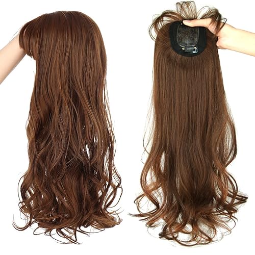 Miniatura 8 de Postizo con clip de 19.7in de largo, sin costuras, con extensión de flecos laterales, para mujer, con cabello adelgazado, ondulado, negro, marrón