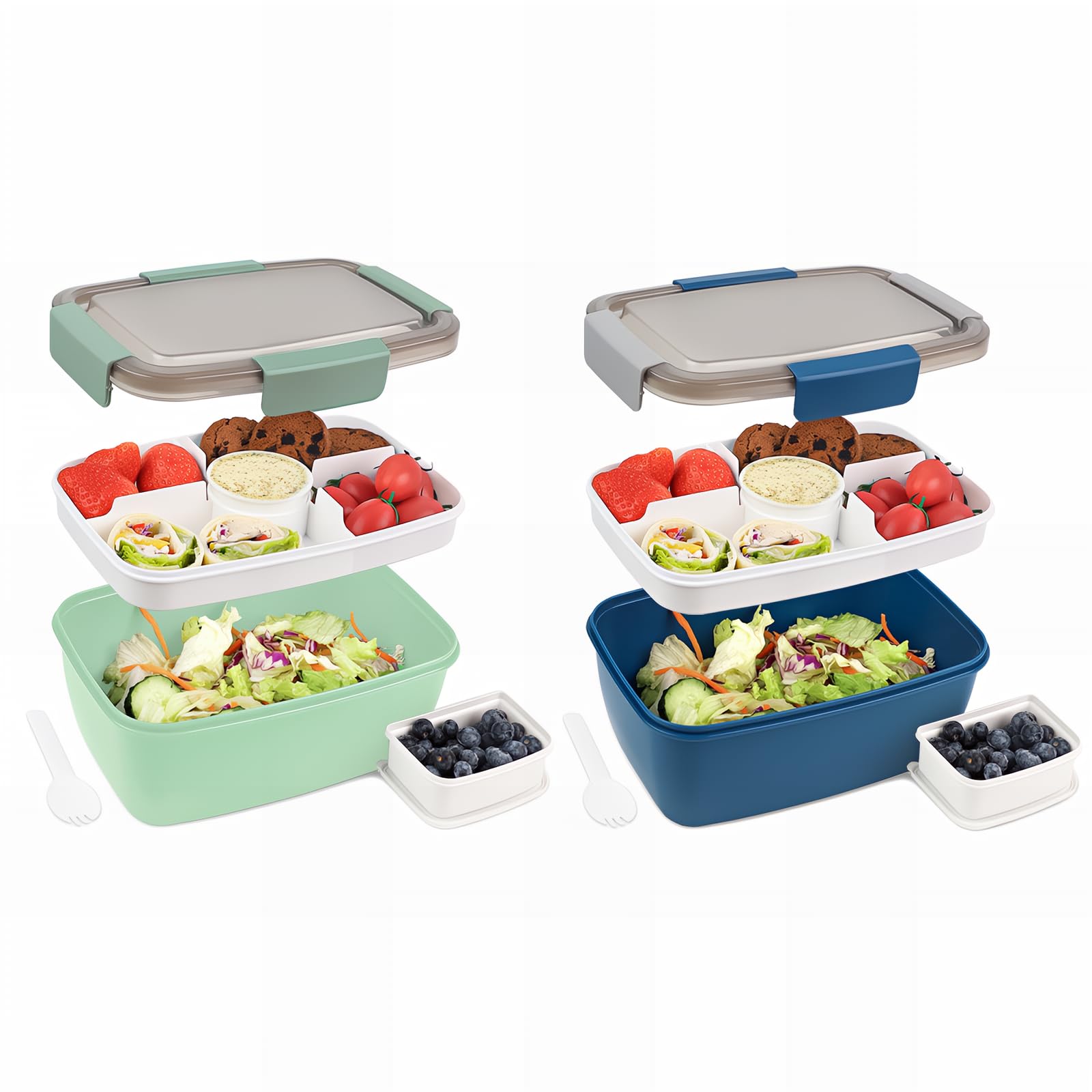 Bugucat Lunchbox Erwachsene 2000ML 2 Set,Auslaufsichere Brotdose Bento Box mit Fächern für Kinder,Salatbehälter Salatbox to Go mit Gabel,Brotdose Frühstücksbox für Schule,Blau + Dunkelgrün
