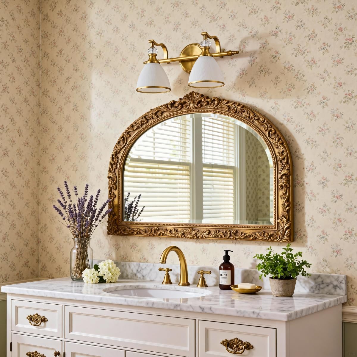 ANDY STAR Gold Vanity Light, 2-Light Brushed Gold Bathroom Light Fixtures, Vintage Bathroom Light with Milky White Bell Glass Shades, Eye-Friendly Wall Sconce for Mirror, Kitchen, Bedroom, Hallway
