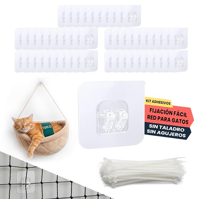 Kit De Fijacion Red Para Gatos Exterior 50 Unidades Ganchos Adhesivos Y Bridas Sin Taladro Impermeables…