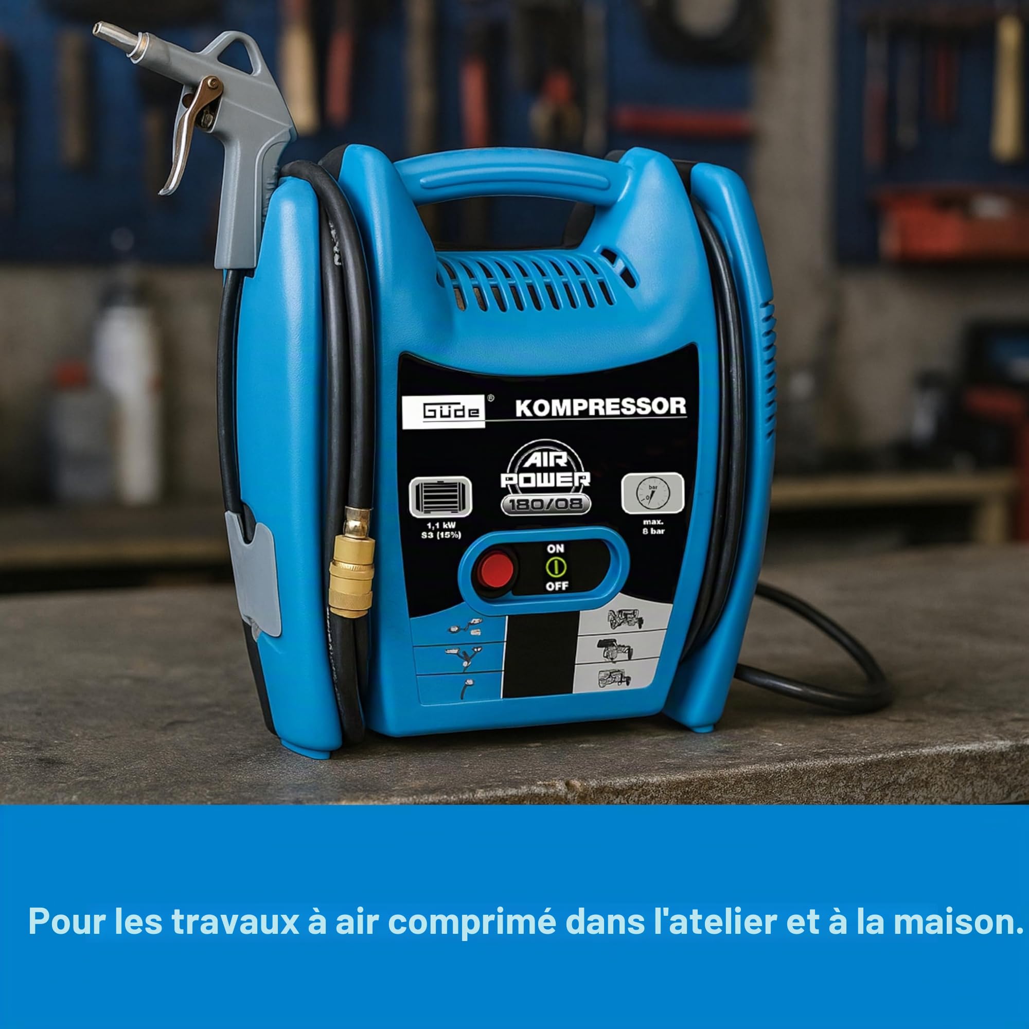 Güde Compresseur Airpower 180/08 (sans huile et nécessitant peu d'entretien, entraînement par courroie, 8 bars, 1100 W, débit effectif 140 l/min, tuyau d'air comprimé de 2,5 m avec raccord rapide