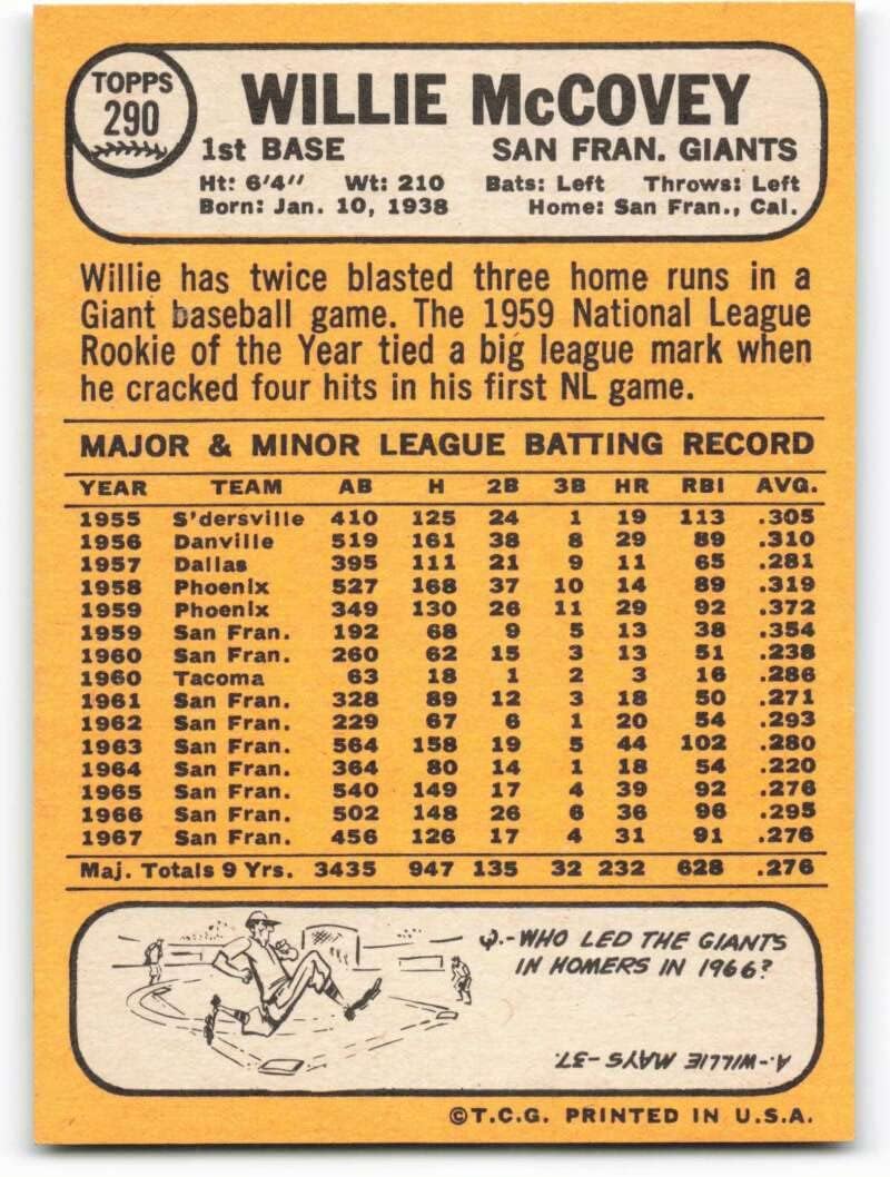 1968 Topps #290 Willie McCovey NM+++ San Francisco Giants Baseball Trading Card