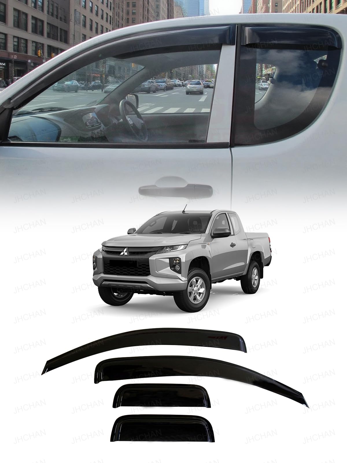 Deflectores de viento | Compatible con: Mitsubishi L200/Trition (2016-2023) Accesorios Club/Space/Extended Cab Juego de 4 piezas | Protectores de lluvia para ventana, protección contra el