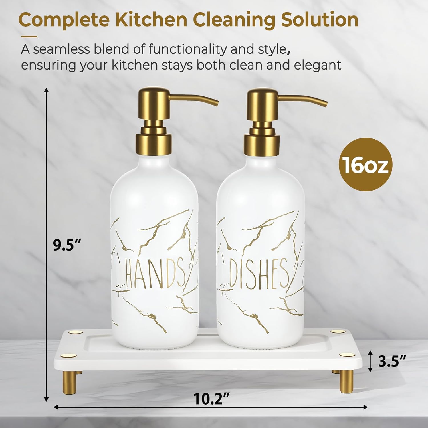 Kitchen Soap Dispenser Set, 16oz Hand and Dish Soap Dispenser Set with 2 Instant Dry Trays, Stainless Steel Pump, Refillable Glass Bottle for Kitchen and Bathroom Countertop (White)