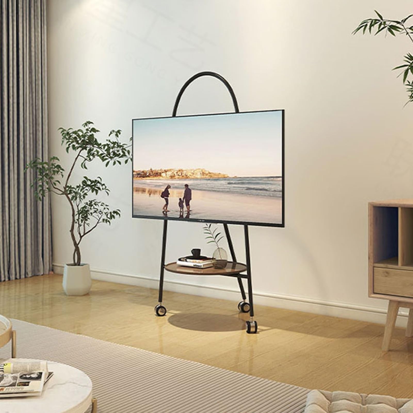 Supporto TV da pavimento portatile - Carrello TV mobile con vassoio in legno, supporto TV su ruote per TV da 32-65 pollici, supporta fino a 60 kg/132 libbre, VESA m,Silver