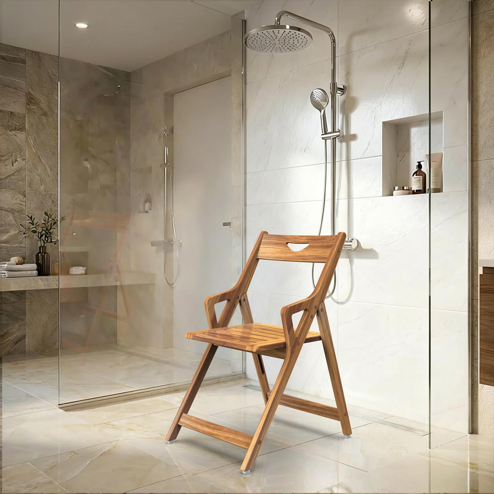 Solid Teak Folding Shower Chair - Pivoting Backrest & Forward-Leaning Armrests for Easy Stand-Up, 350lb Capacity, Space-Saving Fold & Anti-Slip Feet for Elderly Bath Safety