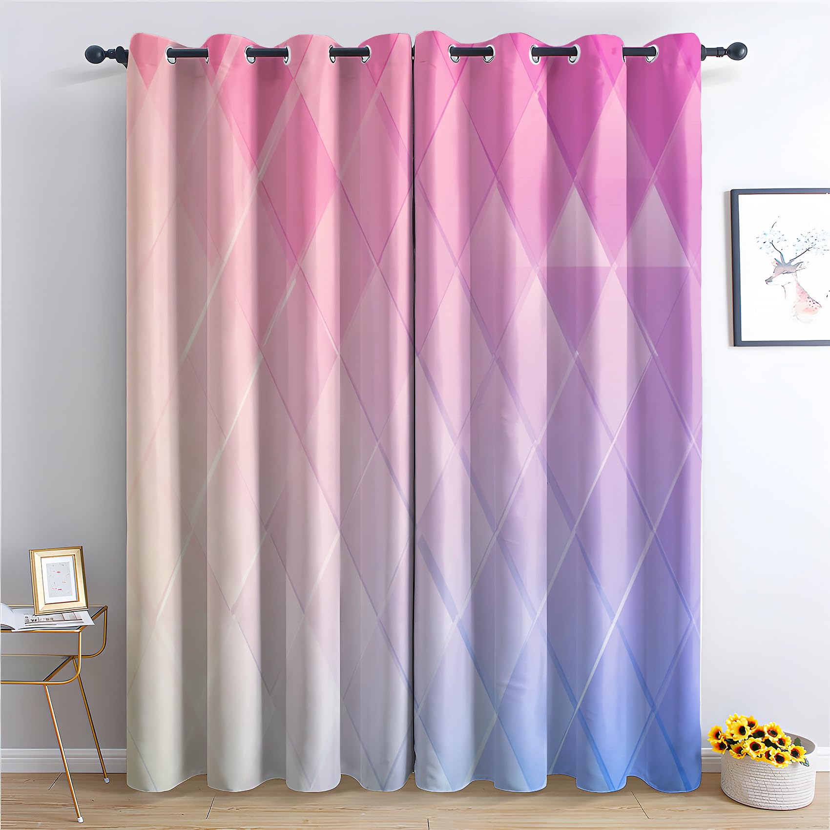 Zcwl Pink Purple Gradient Diamond Curtains For Bedroom Living Room, Ombre Patterned Blackout Curtains, Thermal Insulated Eyelet Curtain, 72 Drop Window Treatments Drapes, 46X72 Inch (W X L), 2 Panels