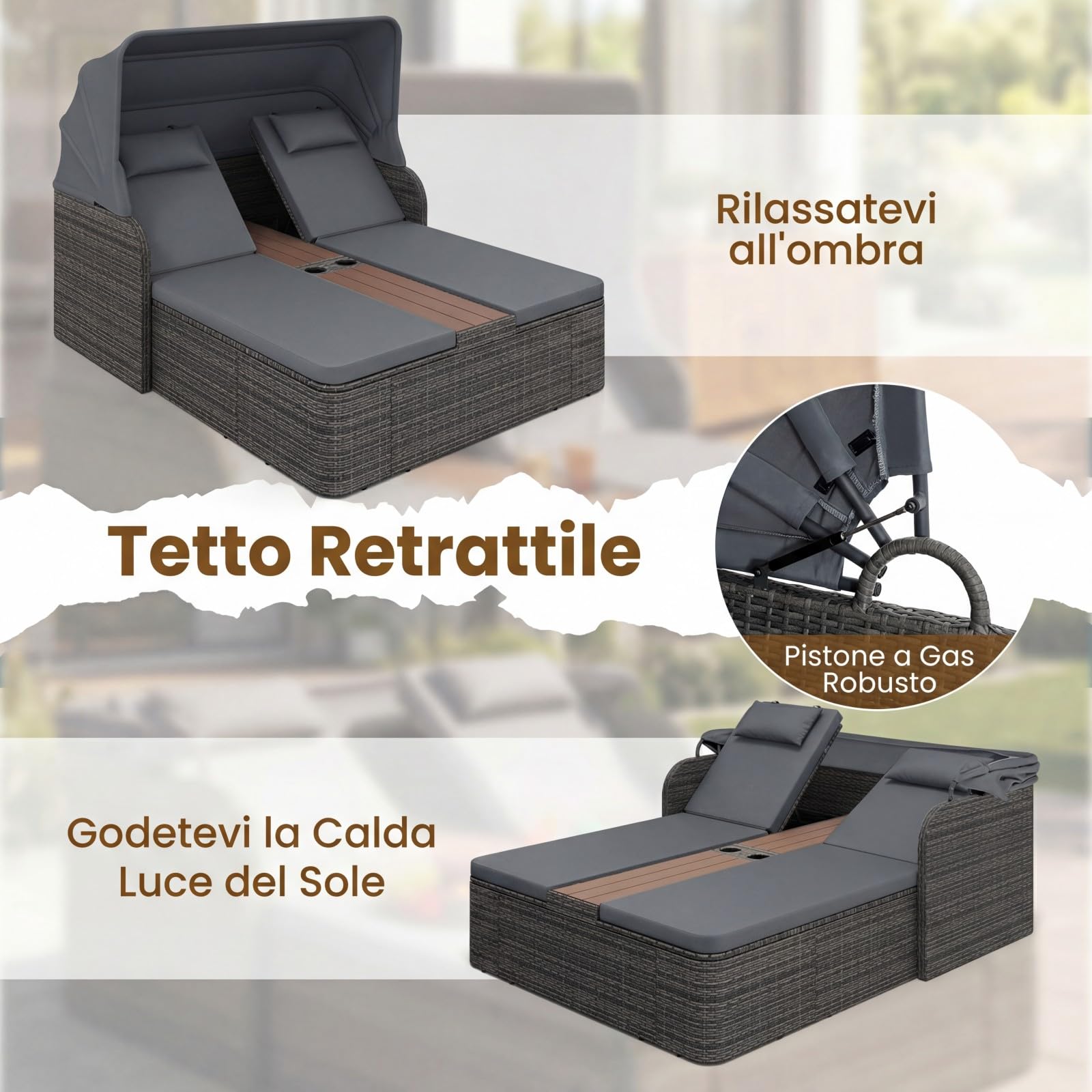 COSTWAY Letto Prendisole Matrimoniale per 2 Persone, Lettino da Giardino in Rattan con Tetto Retrattile e Schienali Regolabili, Isola Prendisole con Tavolino e Portabicchieri per Relax (Grigio)
