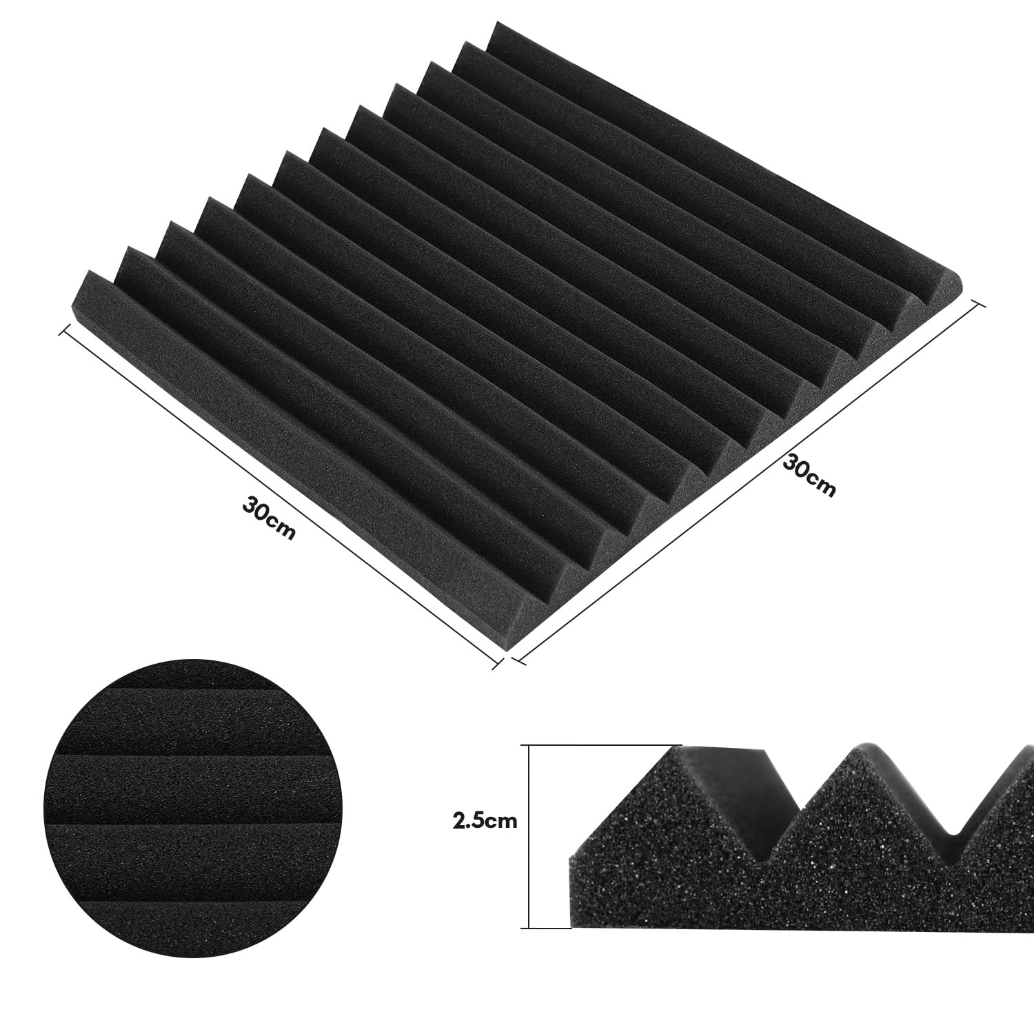 Sonnewelt Lot de 24 panneaux acoustiques en mousse - 2,5 x 30 x 30 cm - Isolation acoustique - Pour studio d'enregistrement, podcasts, rainures triangulaires