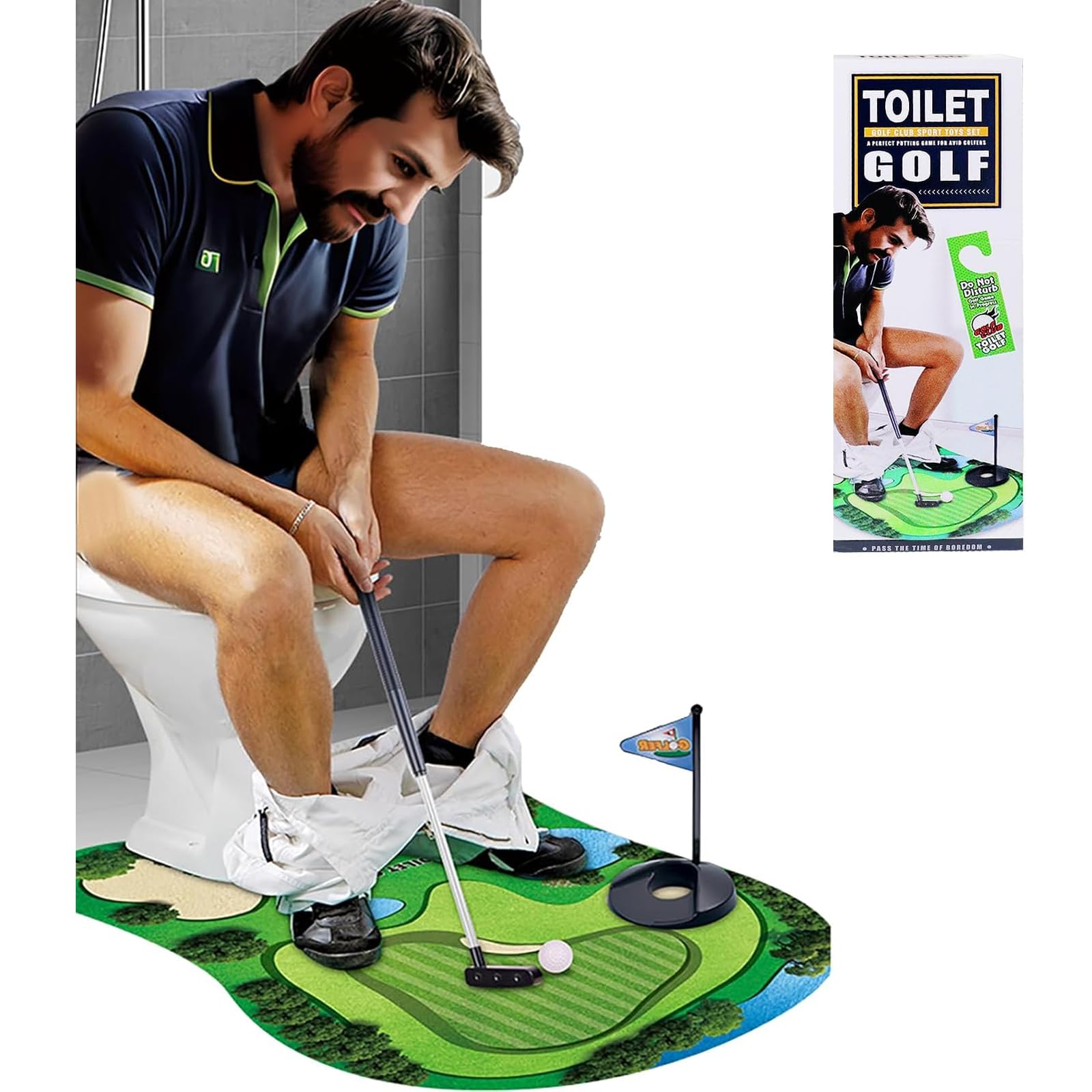 Jeu de golf des toilettes pour s'entraîner aux toilettes avec un tapis vert et club