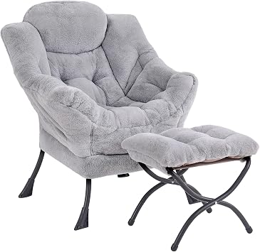 Comfy Armchair with Footstool, Lazy Chair with Ottoman Leisure Accent Chair Relax Lounge Chair with Armrests & Side Pocket for Living Room, Bedroom & Small Spaces Armchair, Plush Grey