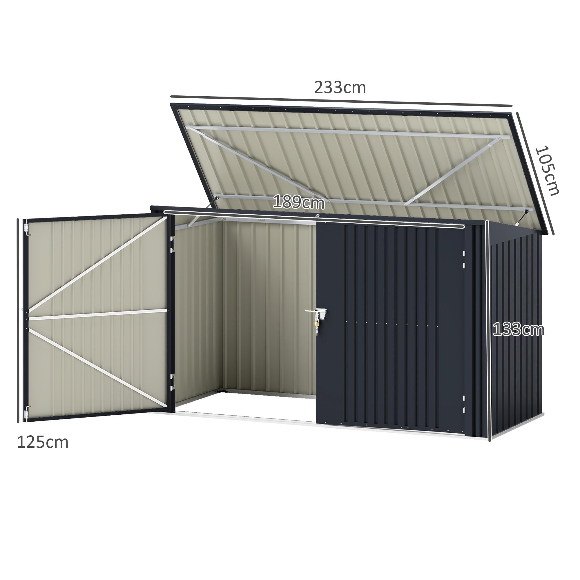 Outsunny Copribidone Spazzatura da Esterno per 3 Cassonetti da 240L, 233x105 cm Contenitore per Bidoni Rifiuti con 2 Porte e Serrature, 2.3m² Capanno da Esterno, Casetta per Bidoni in Acciaio, Grigio