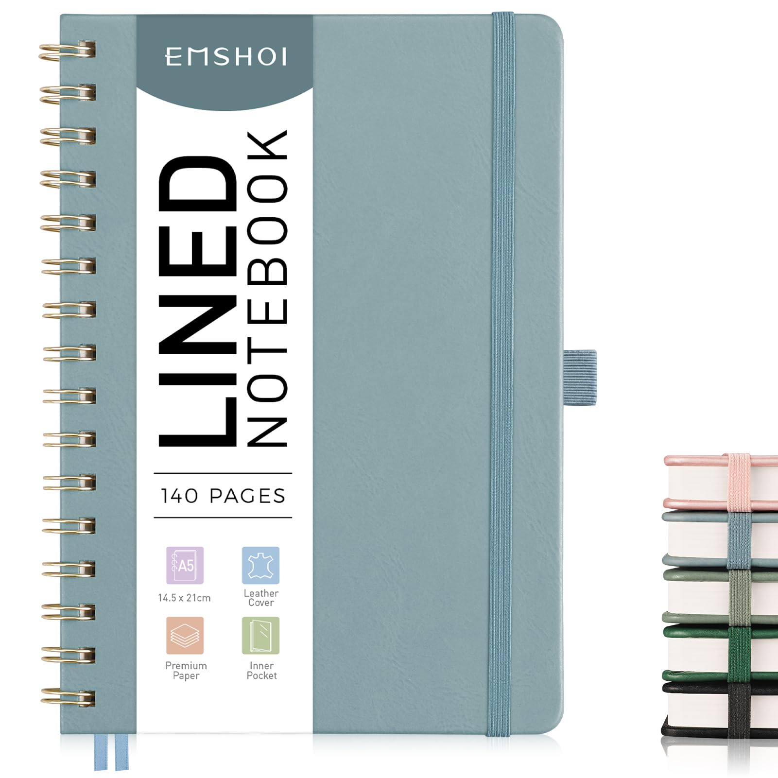 EMSHOI A5 Notebook Lined Journal, 100gsm, PU Leather Hardcover, Sticky Notes, Pocket, Pen Loop, Ruler, Bookmark