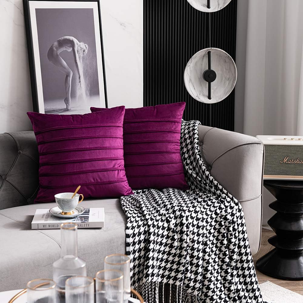 DEZENE 18x18 Purple Throw Pillow Cases: 2 Pack Cozy Soft Striped Velvet Square Decorative Pillow Covers for Couch