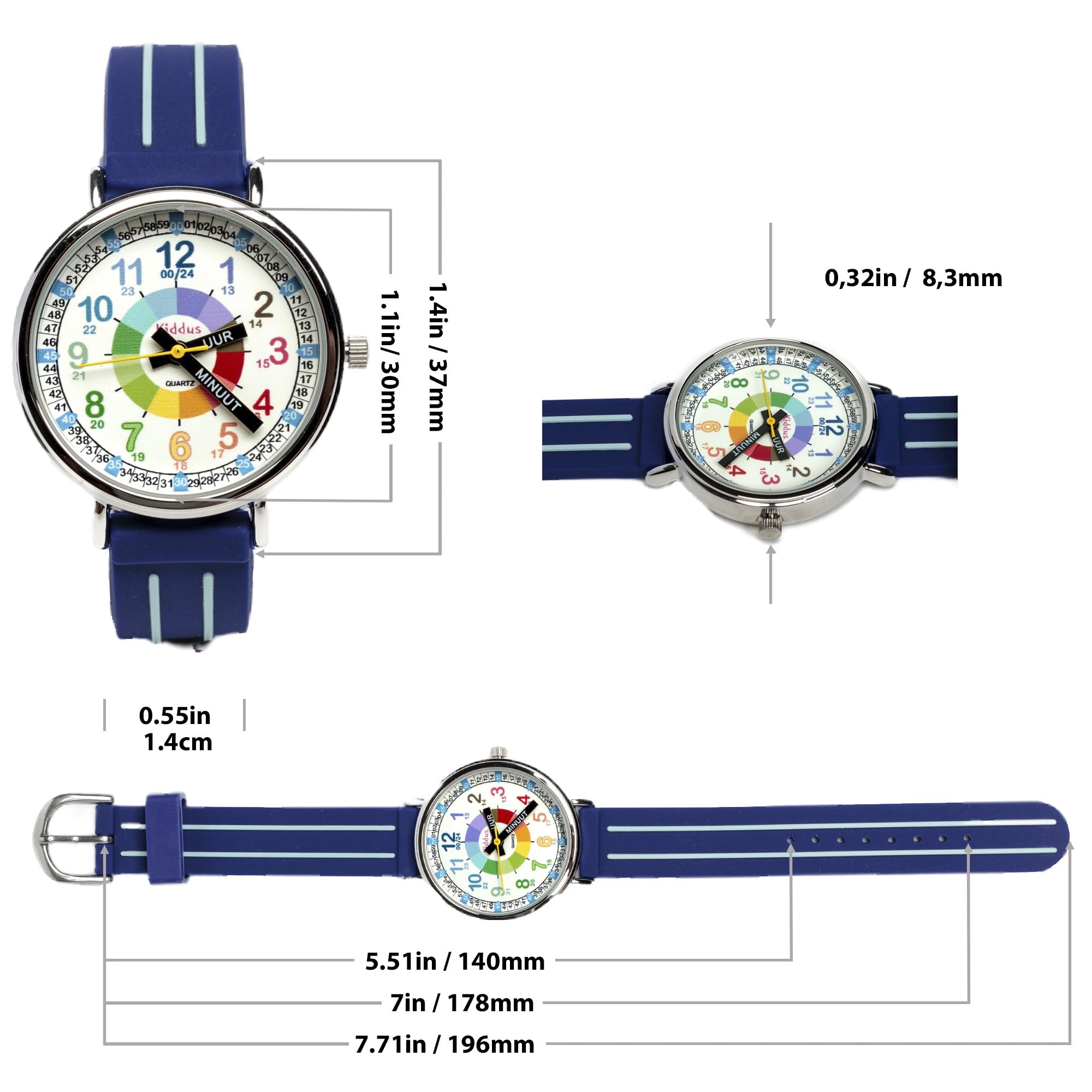 Kiddus Orologio Educativo per Bambini, Ragazze. Da Polso, Analogico. Con Esercizi per Imparare a Leggere l’Ora. Facilità di Lettura. Movimento al Quarzo Giapponese. Olandese Blu