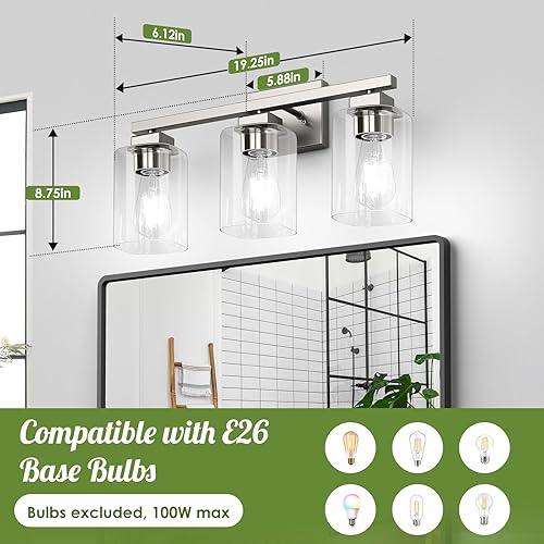 Miniatura 4 de Lámpara de tocador de baño, 3 luces de 19 pulgadas de níquel cepillado moderno mate con pantalla de vidrio transparente, lámparas de pared, lámparas