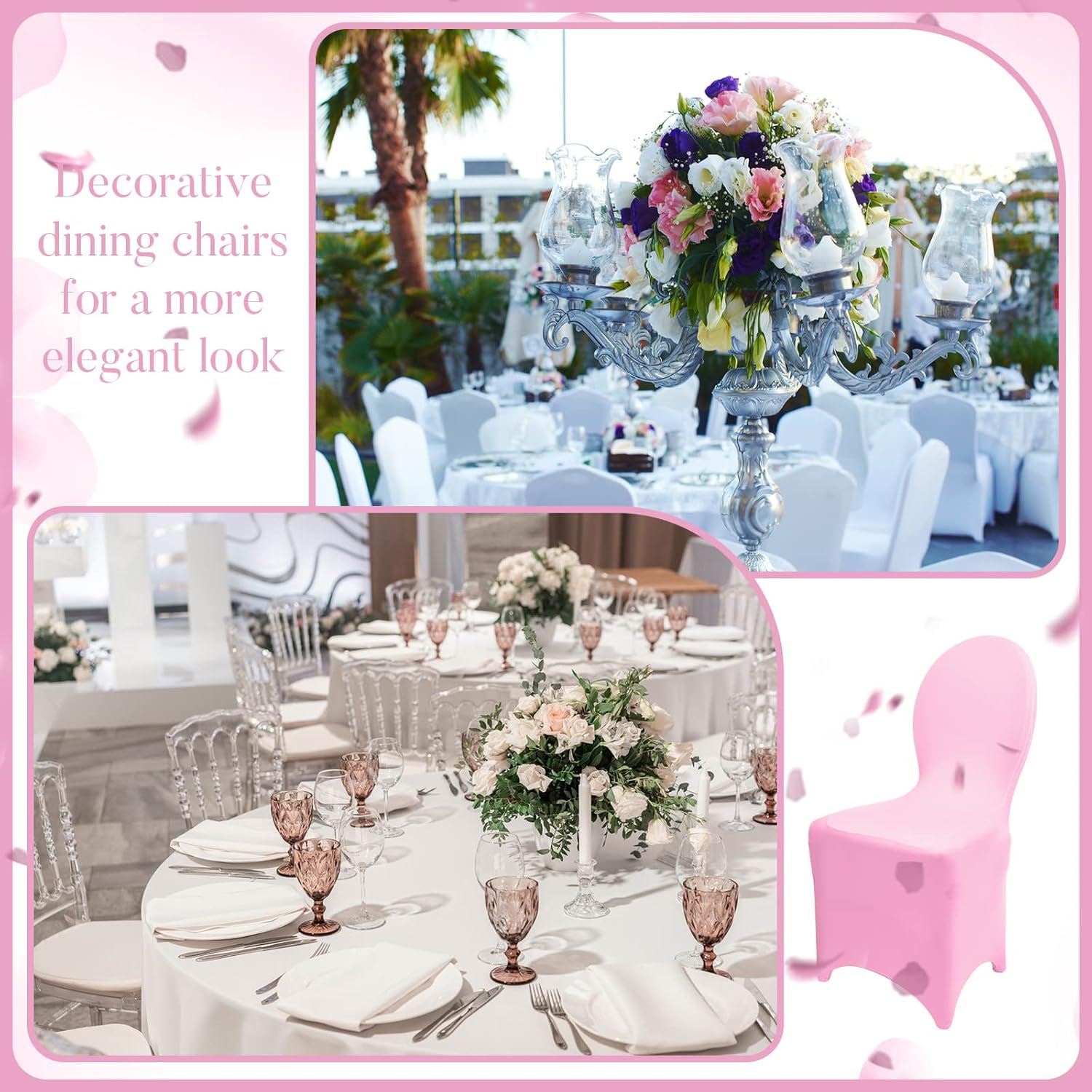 Macarrie 60 Pcs Chair Covers Wedding Seat Slipcovers Polyester Spandex Folding Chair Covers for Wedding, Banquet Party, Celebration Event, Dining Room, Living Room(Pink)