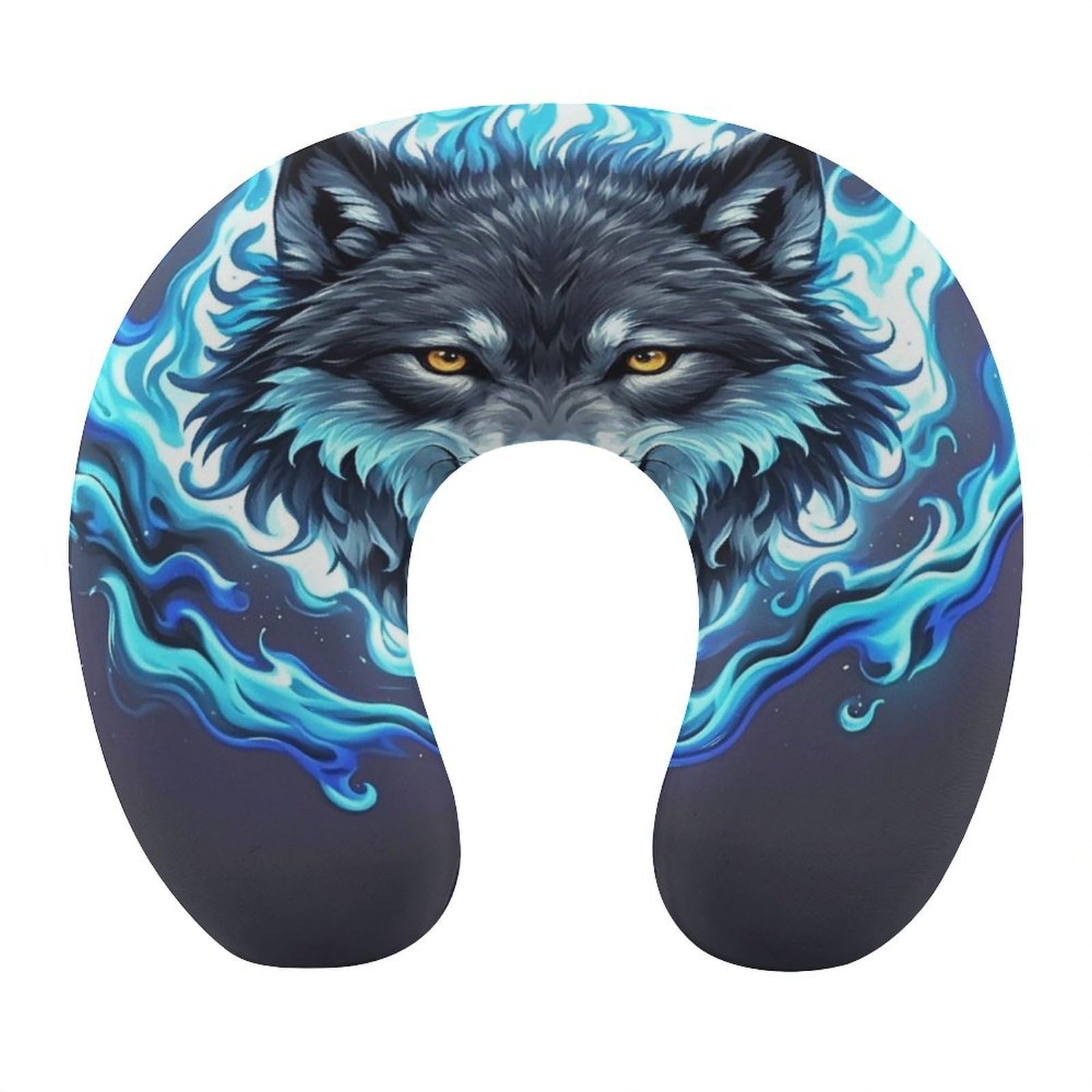 FekiLoot Wolf Head in Blue Flames Travel Pillow Comfortable U Shape Memory Foam Pillows Neck and Head Support Portable Travel Neck Pillow Suitable for Planes Trains Self-Driving Cars