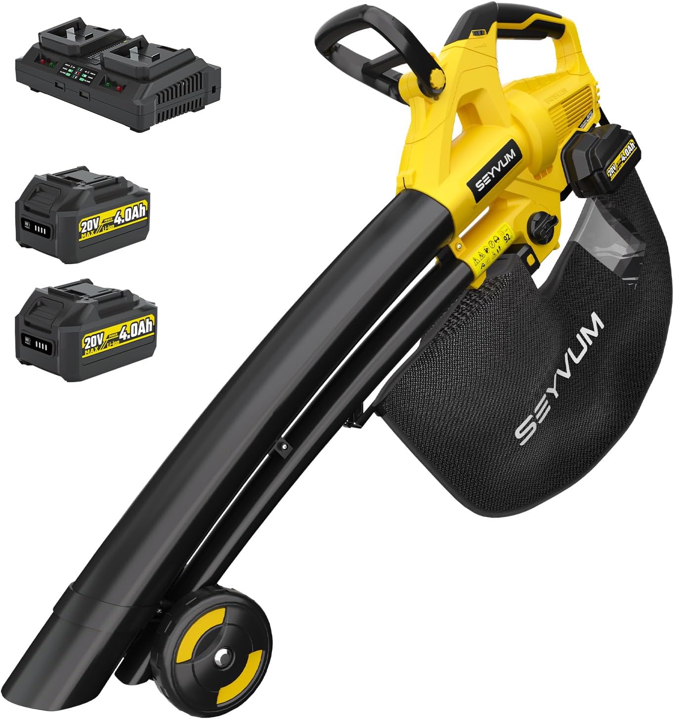 Laubsauger akku,40V Laubbläser Akku 8000 mAh mit Ladegerät,3-in-1 -Laubbläser, Sauger und mulcher,Blasgeschwindigkeit 190km/h,6-Gang Kabellos Laubgebläse, Fangsack 45L für Garten