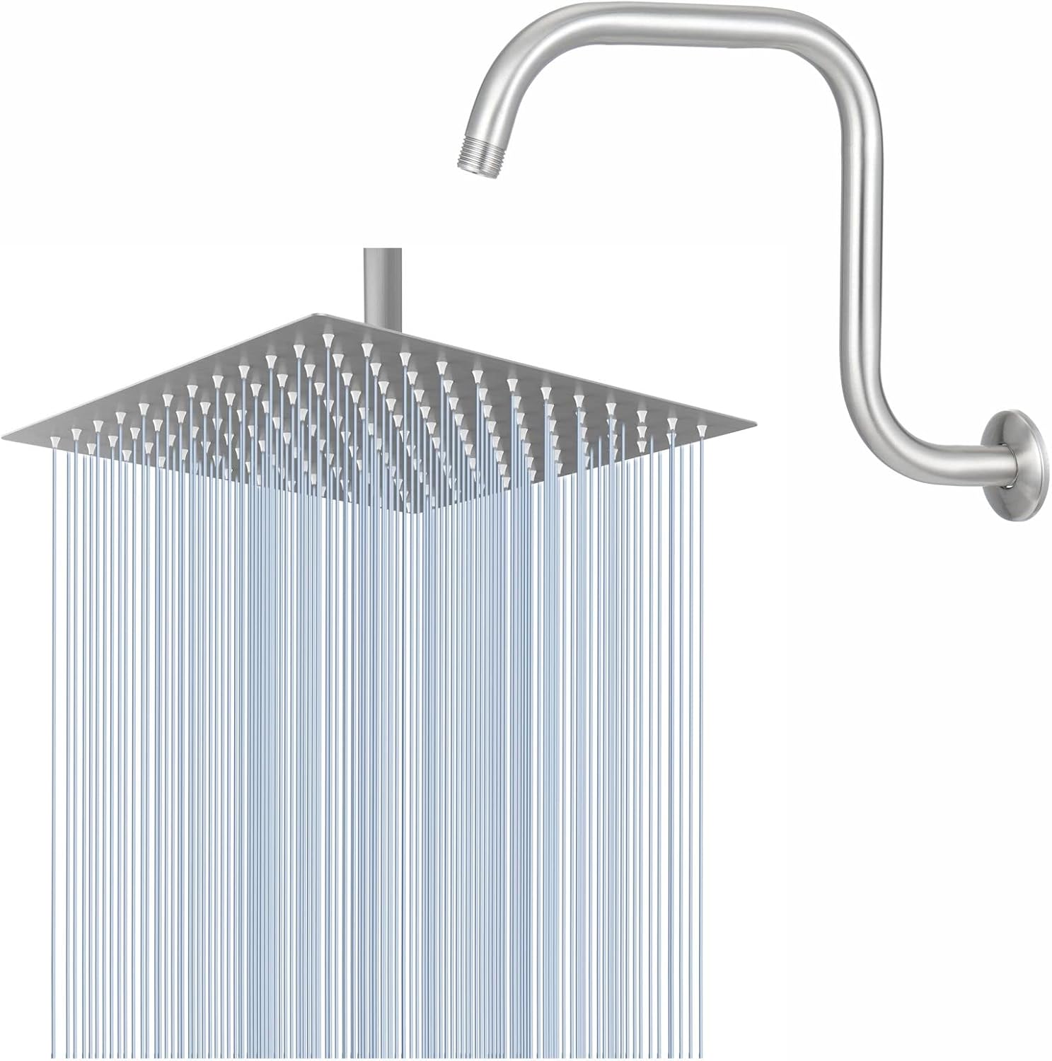 Voolan 10'' Rain Shower Head with 13'' Curve Shower Arm, Stainless Steel High Pressure Rainfall Shower Head, Comfortable Shower Experience Even at Low Water Flow, Square, Brushed Nickel
