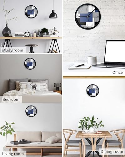 Miniatura 5 de Reloj de pared silencioso y decorativo para pared, diseño de retazos de arte abstracto, negro y azul marino, 10 pulgadas, sin tictac, moderno