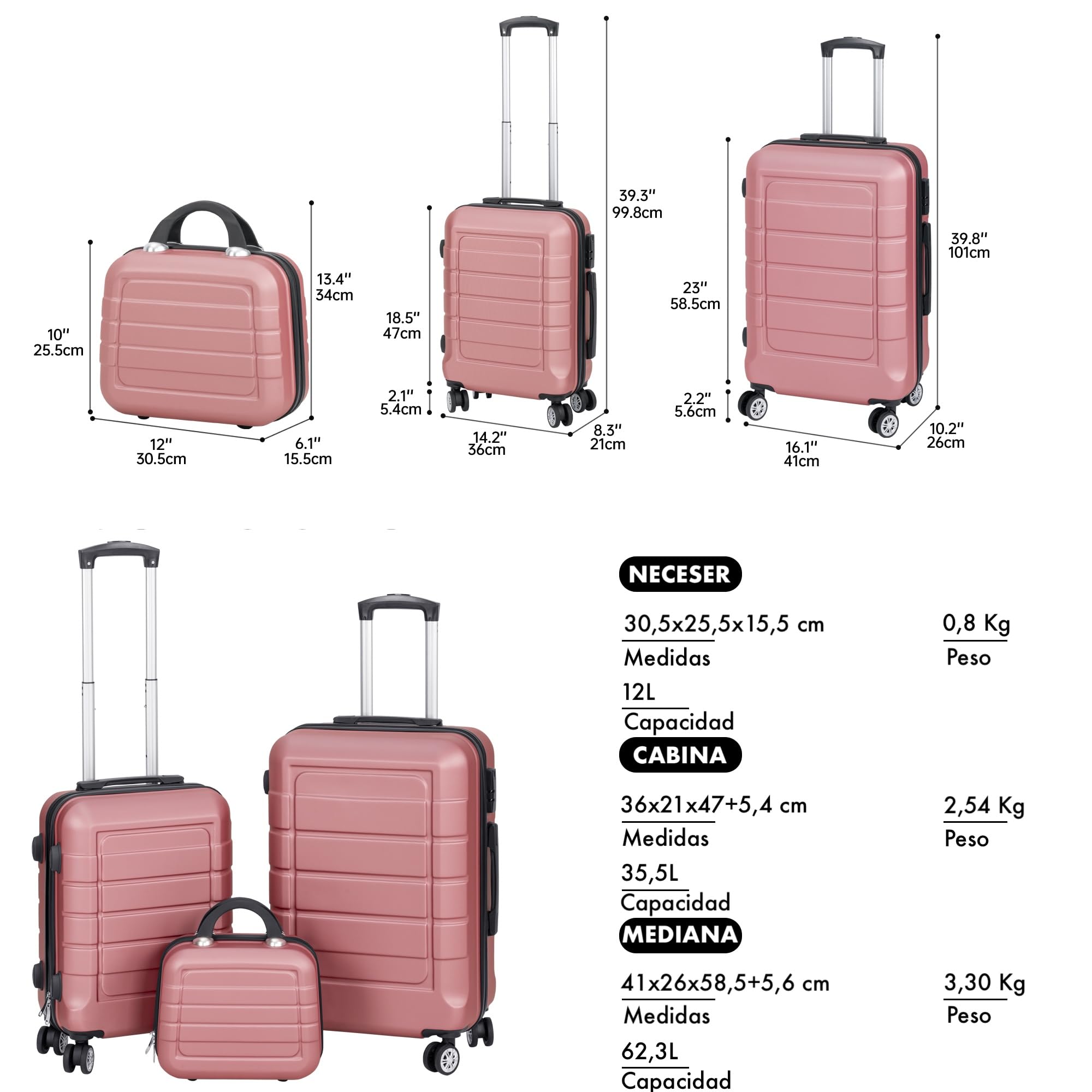 Juego o Set de 3 Maletas de Viaje - 4 ruedas dobles giratorias - Neceser - Maleta de cabina - equipaje de mano - Cerradura TSA - Ligeras - ABS - Resistentes - Asa telescópica