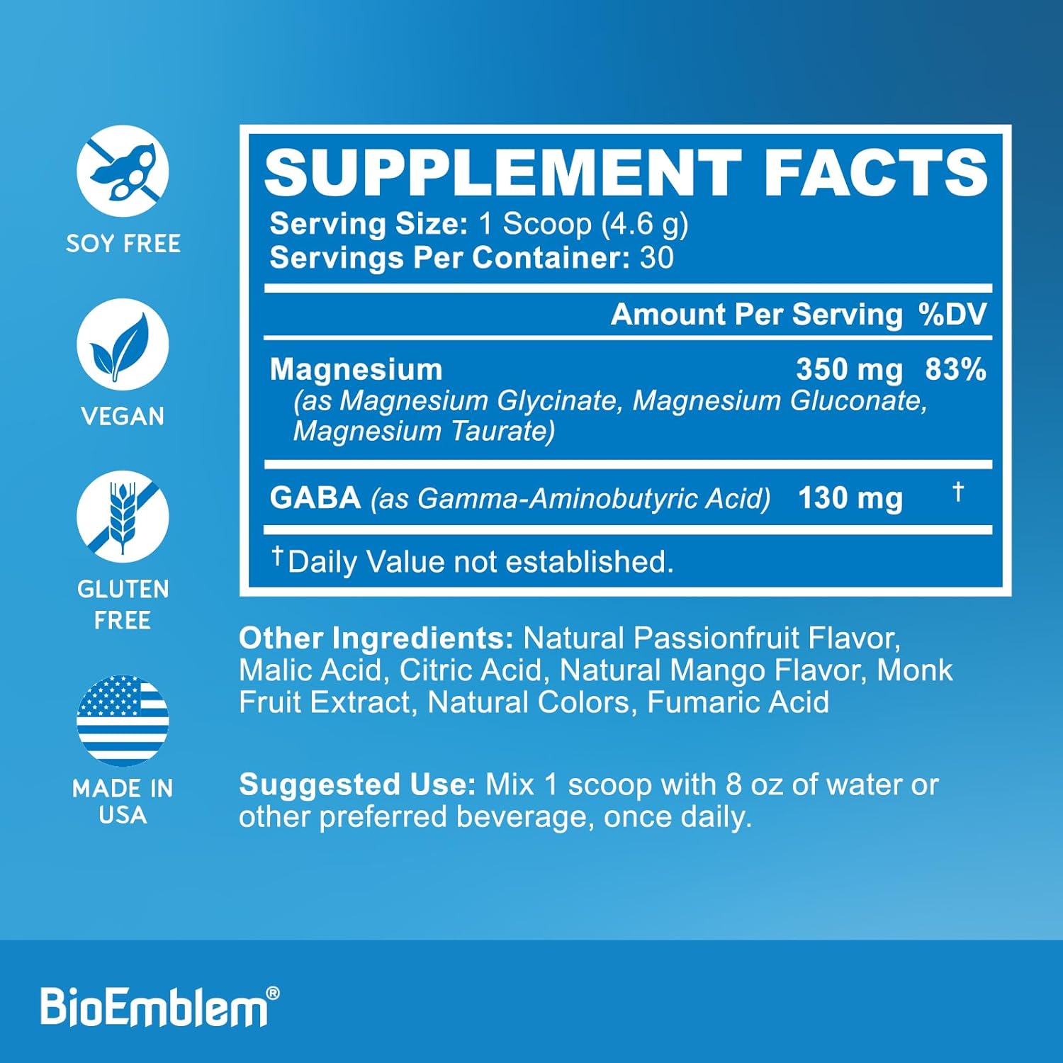 BioEmblem Triple Magnesium Powder Drink - 350mg High Absorption Magnesium Glycinate, Gluconate, Taurate & GABA for Rest, Sleep, & Brain Health - Passionfruit Mango Flavor - Vegan - (30 Servings) - Image 6