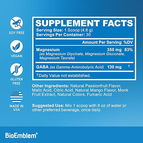 Miniatura 6 de BioEmblem Bebida en polvo de magnesio triple  350 mg de glicinato de magnesio de alta absorción, gluconato, taurato y GABA para descansar, dormir y