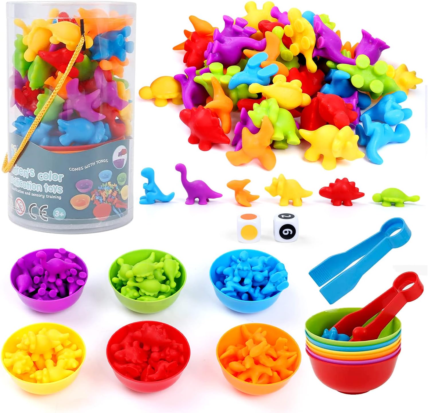BBLIKE Montessori Toys 58 Pieces Dinosaur Counting Montessori Math Toys with Bowl, Dice, Tweezers, Sorting Toys for Children 3 4 5+ Years
