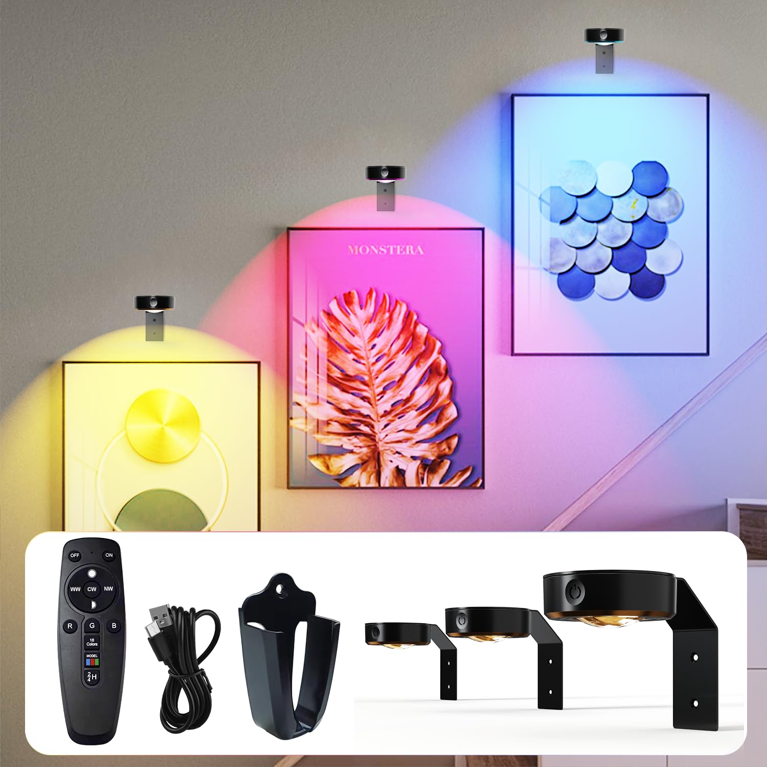 Starxing Kabellose Bildleuchte 3Pack, 2000mAh Wiederaufladbare Bilderleuchten, 16 RGB LED Licht Dimmbar, Dart Lampe Fernbedienung für Wanddekoration (Schwarz)