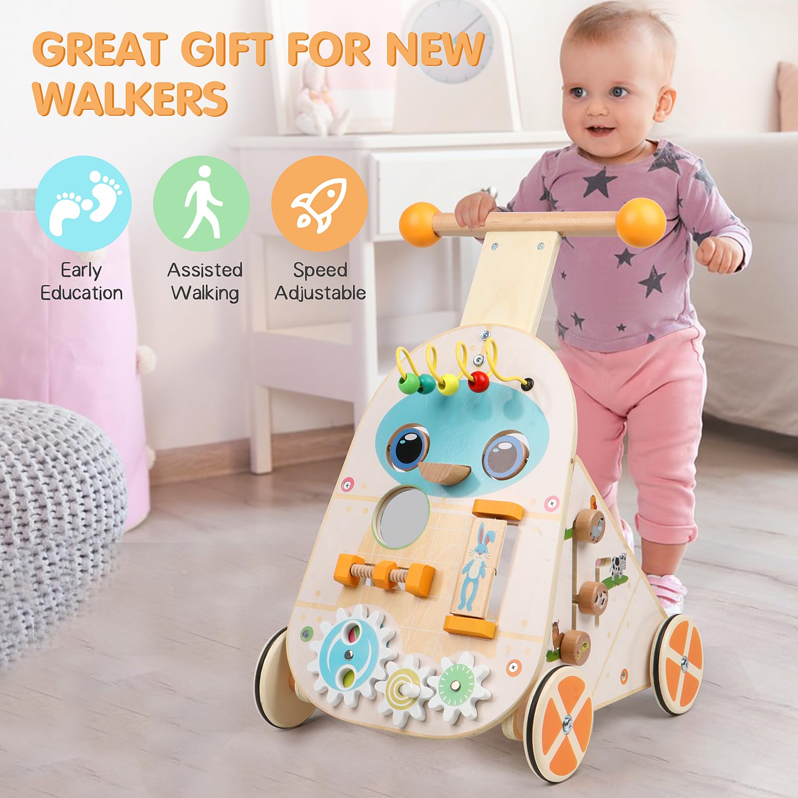 Jacootoys Activité Walker en Bois, Vitesse réglable Bambin Push Walker Activity Center Toy, Baby Walker en Bois Push et Pull Learning Walker pour garçons Filles 1 2 3 Ans