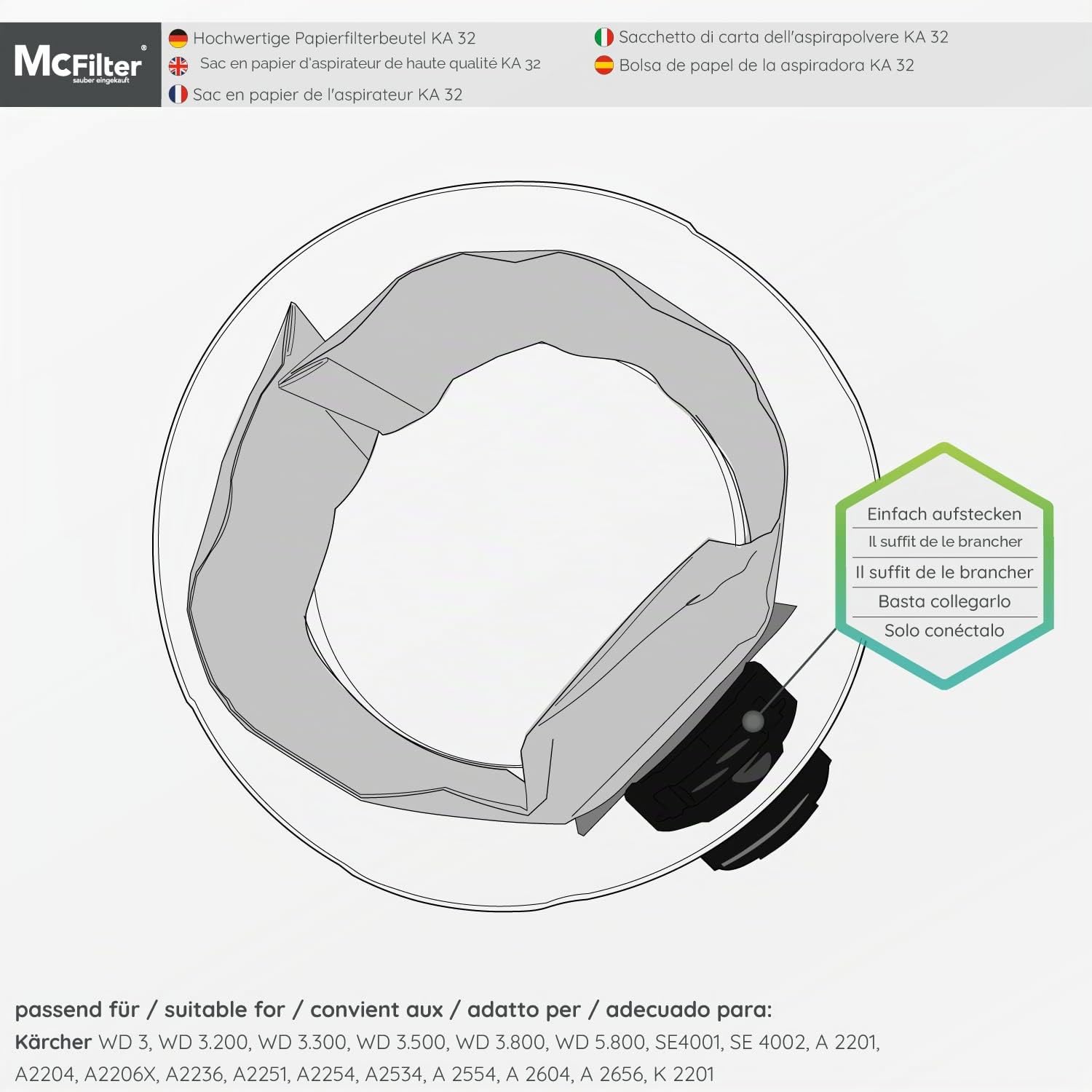 McFilter I Lot de 20 sacs d'aspirateur + 2 filtres pour Karcher A2604, A2204, A2254, A2200, A2201, A2206, A2231, A2236, A2251, A2500, A2504, A2534, A2554, A2654, A2542, A2675