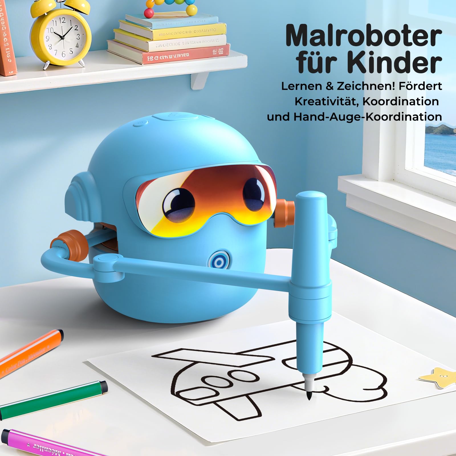 NAUQUOHZ Malroboter für Kinder, Zeichenroboter Kinder Voice-Sprachinteraktiver Pädagogischer Drawing Robot mit 100 Karten, 16 Buntstifte & Musik, EIN Geschenk für Jungen Mädchen