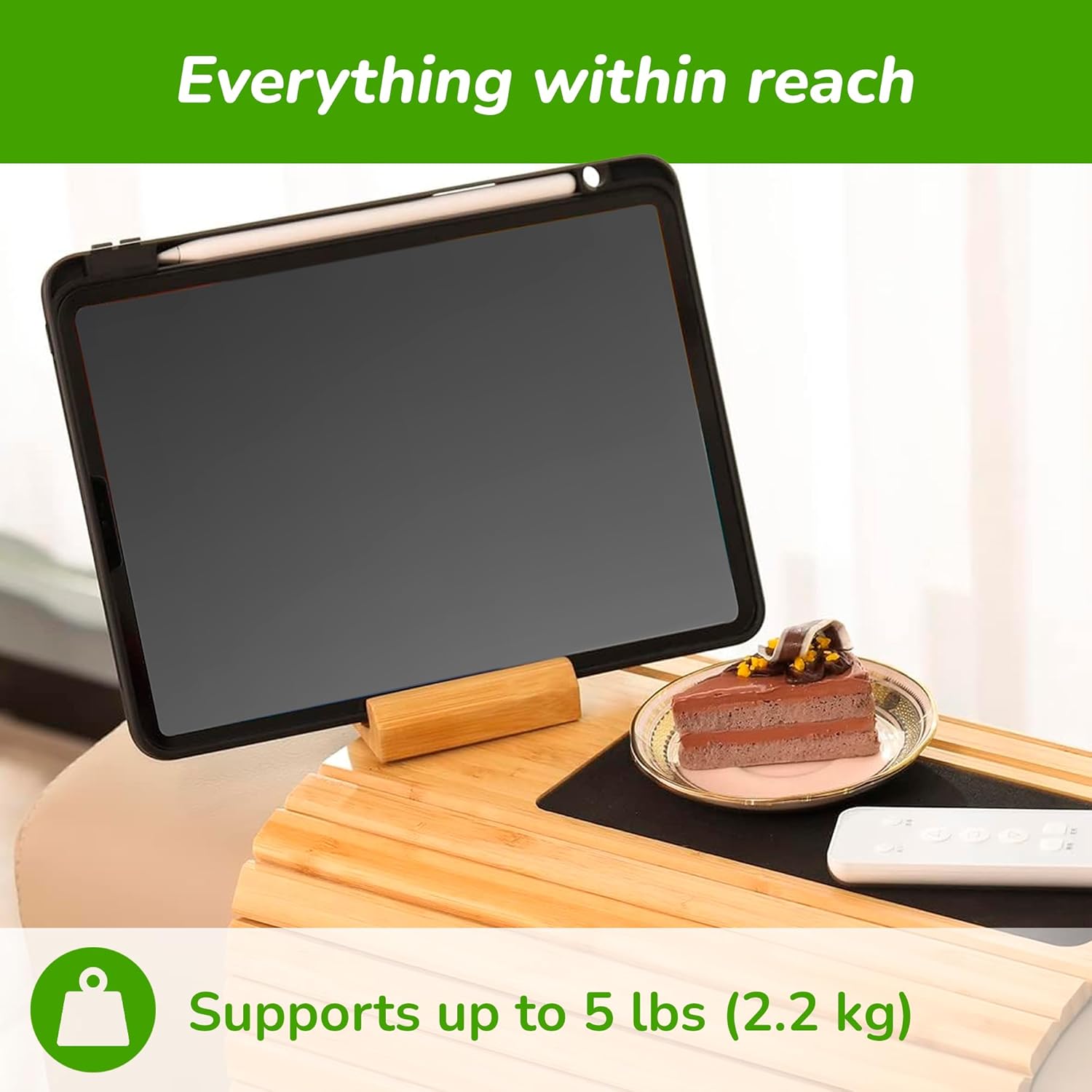 Bamboo Sofa Armrest Tray Table with Phone Holder-Non-Slip Couch Arm Table for Drinks, Snacks, Remote & Tablet-Adjustable Folding Bamboo Tray for Living Room, TV Sofa Arm Organizer (Natural Bamboo)