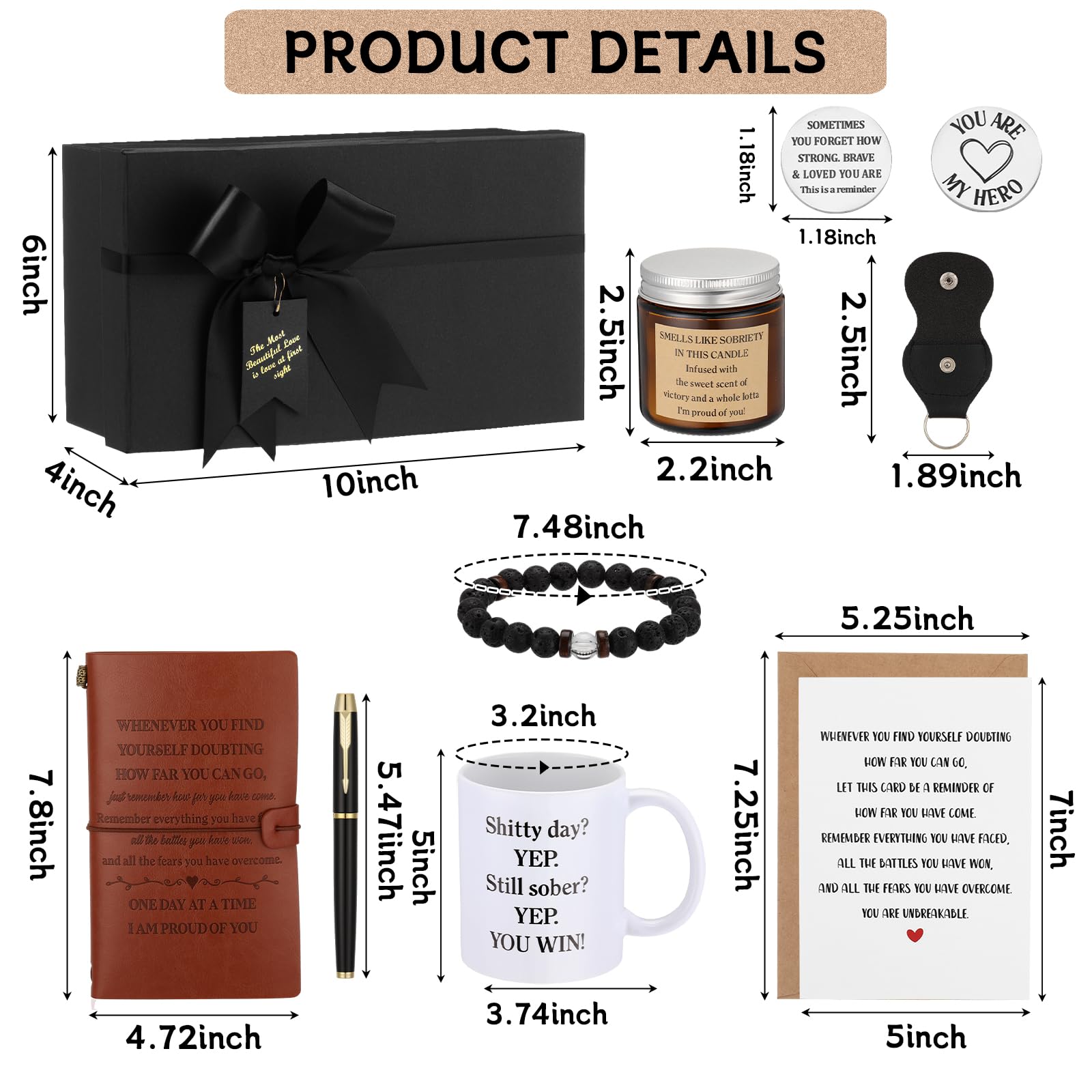 Pinkunn 7 Pcs Sobriety Gifts Set for Men Women Addiction Recovery Gifts Include Sober Mug Candle Beaded Bracelets Leather Notebook with Pen Wish Card with Envelope Gift Box for Aa Alcoholics