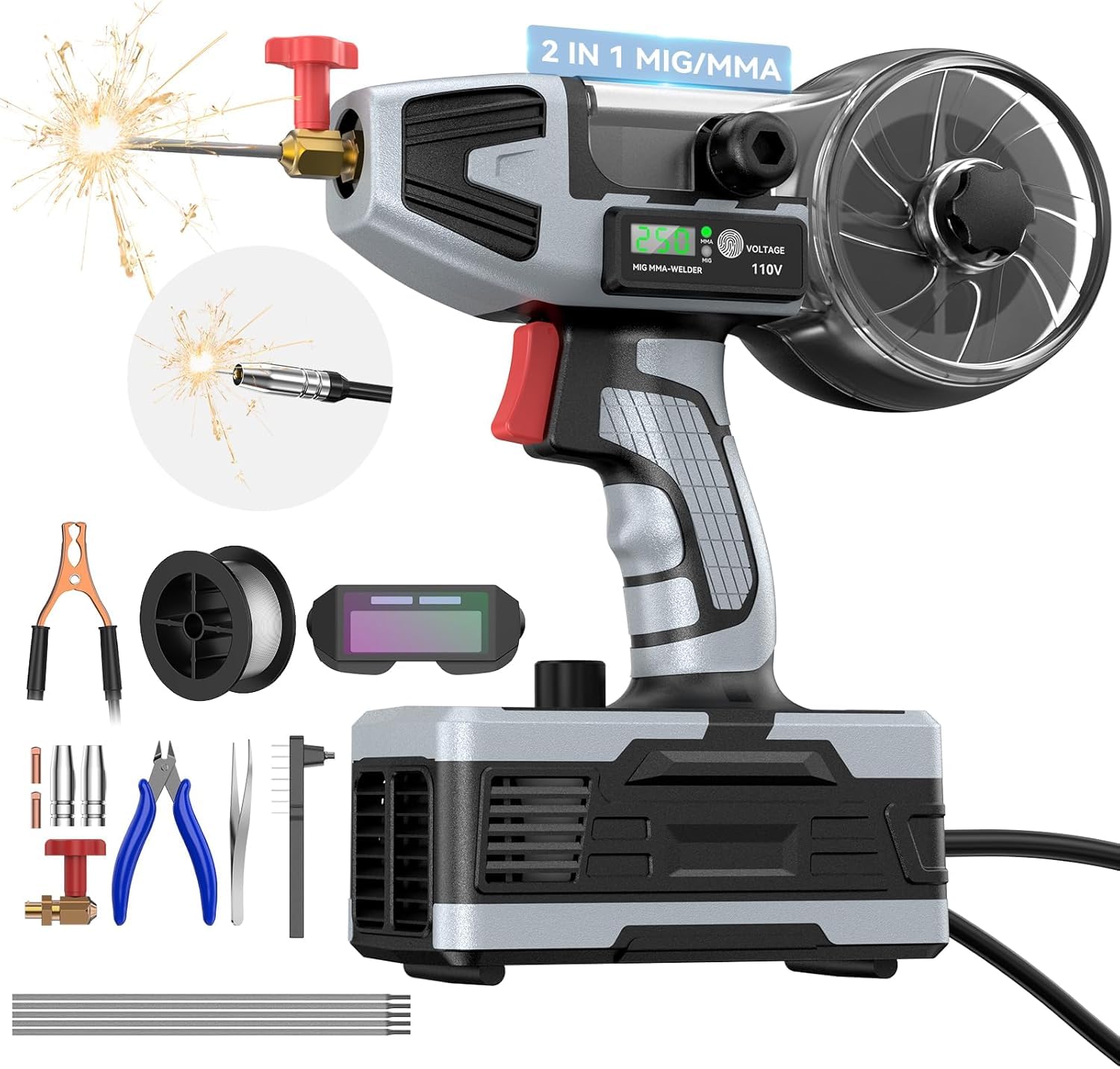 Przenośna elektryczna spawarka, 220V 250A MIG/MAG 2 w 1, bez gazu | Ręczna spawarka łukowa 4600 W z wyświetlaczem LED, 0,5 kg x 0,8 mm drut spawalniczy, elektrody 10x2,5 mm, okulary ochronne