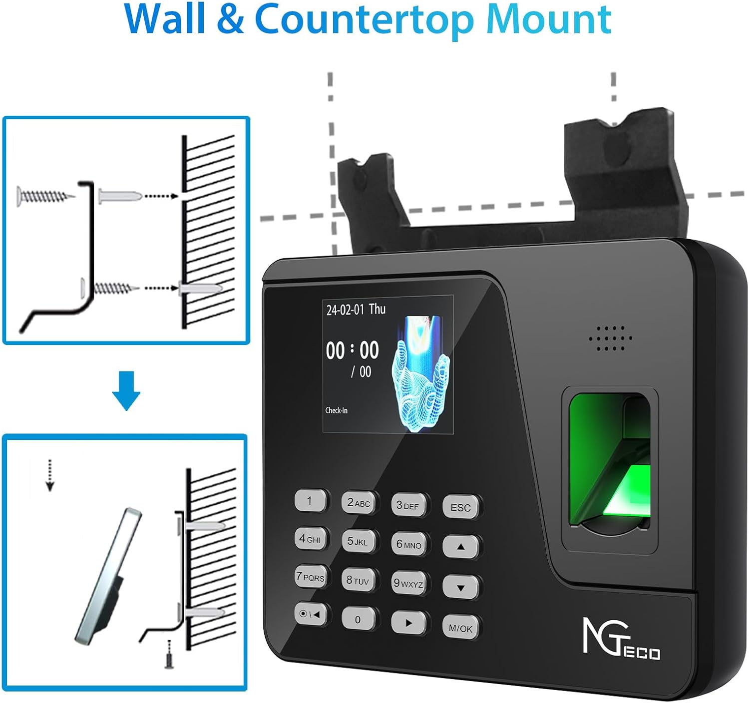 Diagram showing options for wall mounting or countertop placement of the NGTeco AS10 Time Clock.