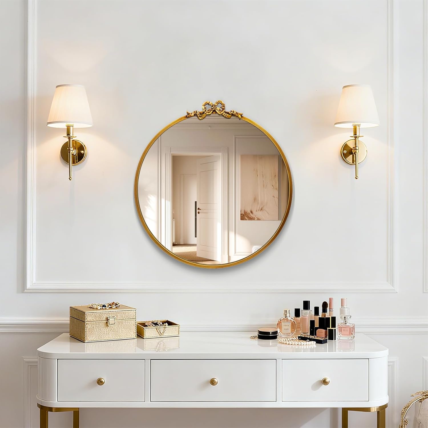 Vintage Round Gold Bow Mirror: 20" Antique Bathroom Vanity Mirrors with Metal Frame - Baroque Ornate for Entryway/Bedroom/Hallway/Fireplace- Home Wall Decor for Living Room